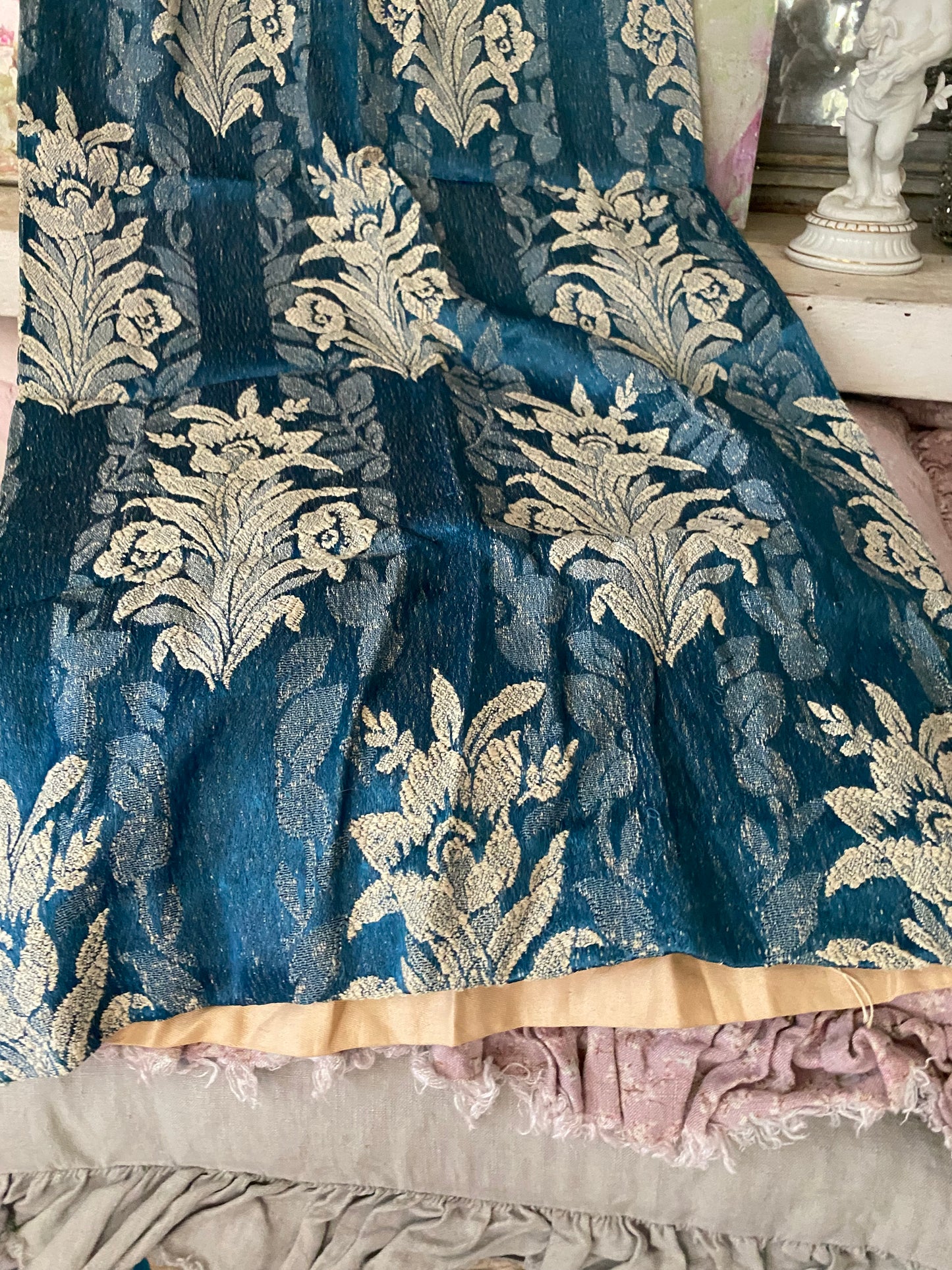 Antique Blue Damask Floral Fabric Curtain Panel