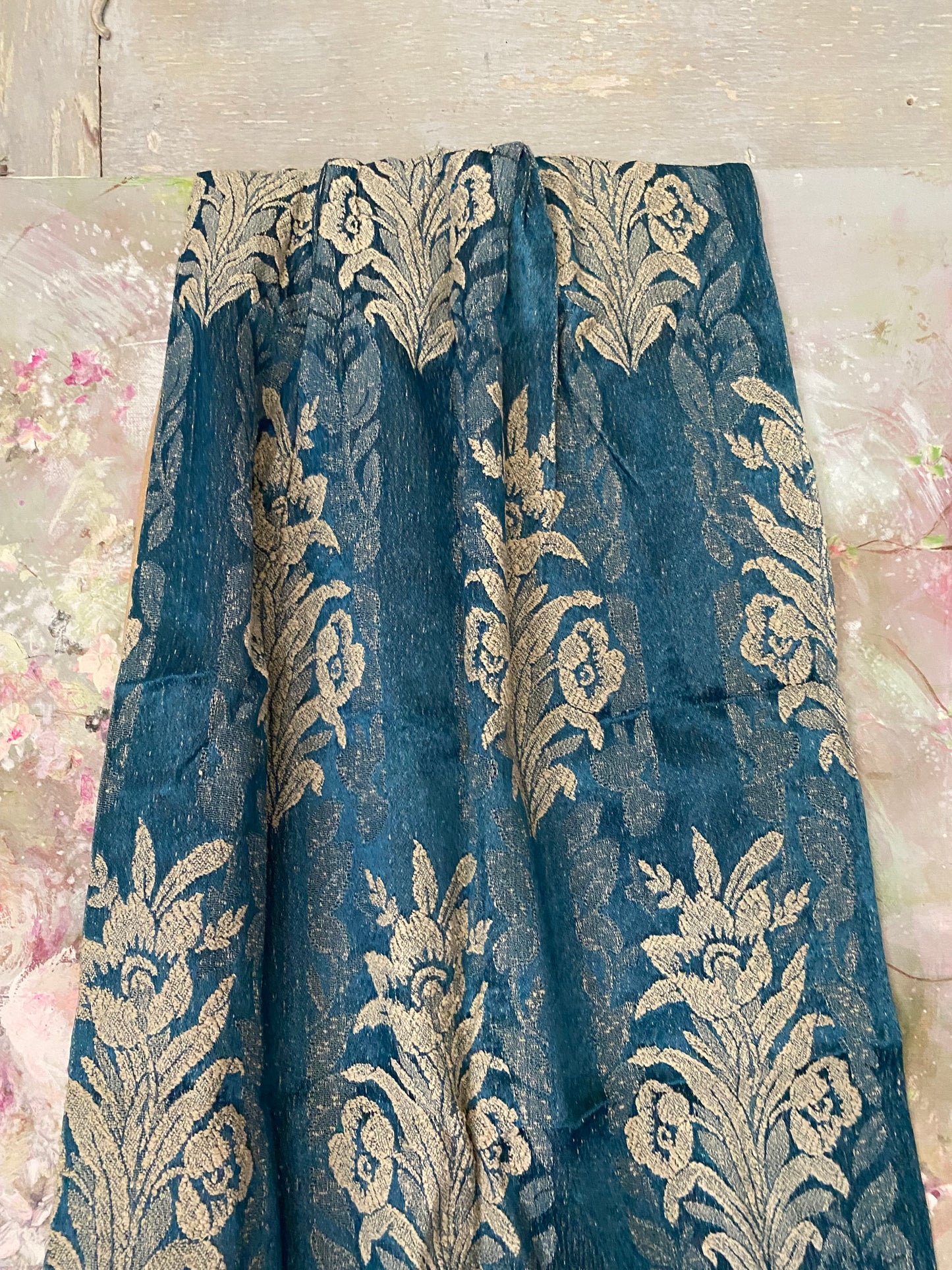 Antique Blue Damask Floral Fabric Curtain Panel