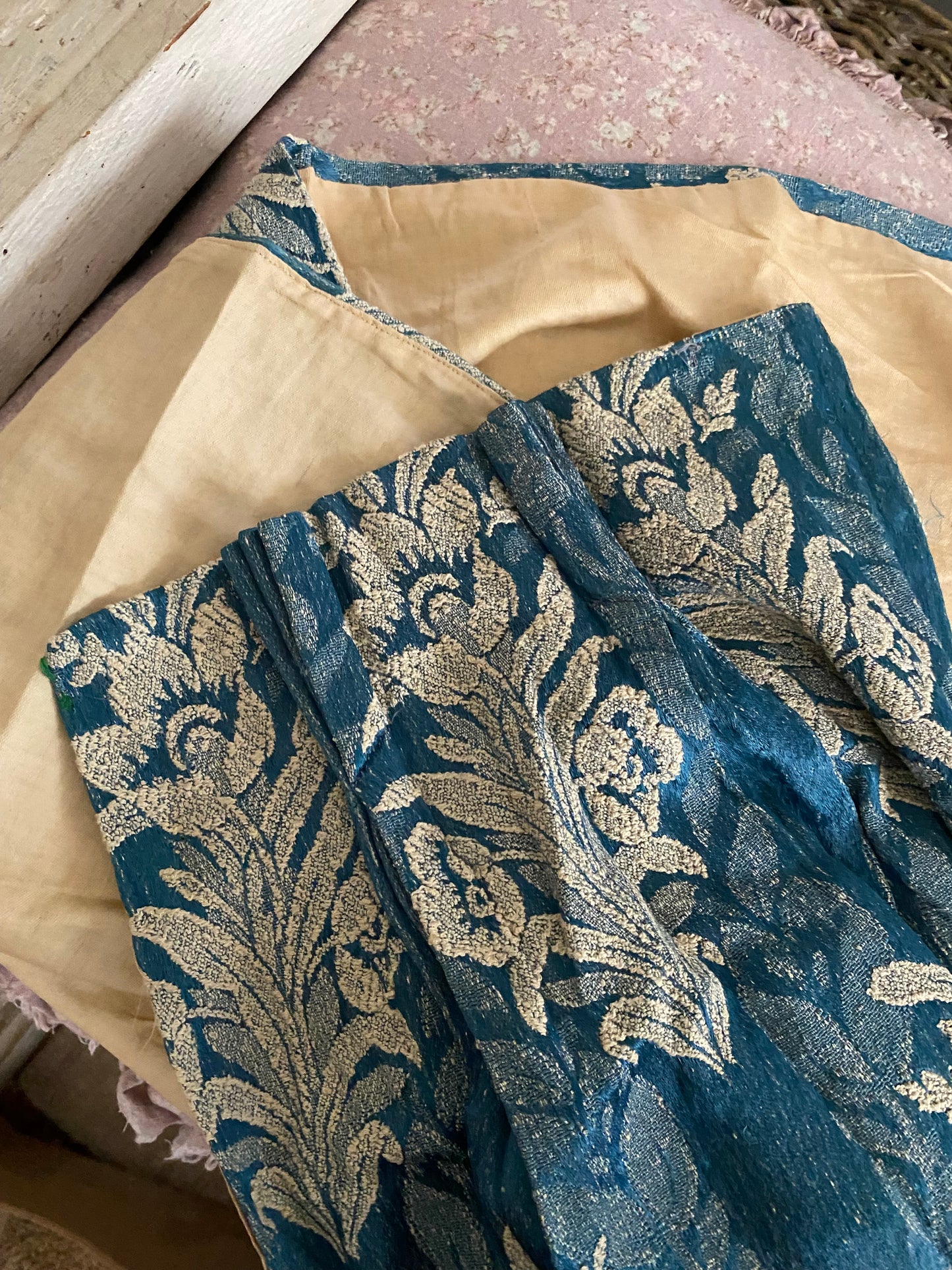 Antique Blue Damask Floral Fabric Curtain Panel