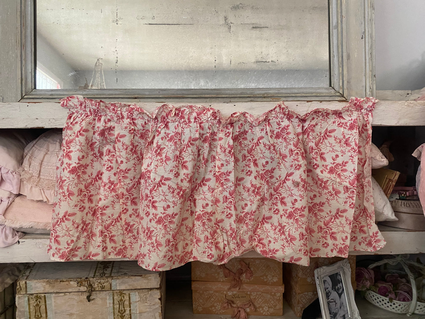 Antique French Fabric Valence Petite Curtain Red White Rose