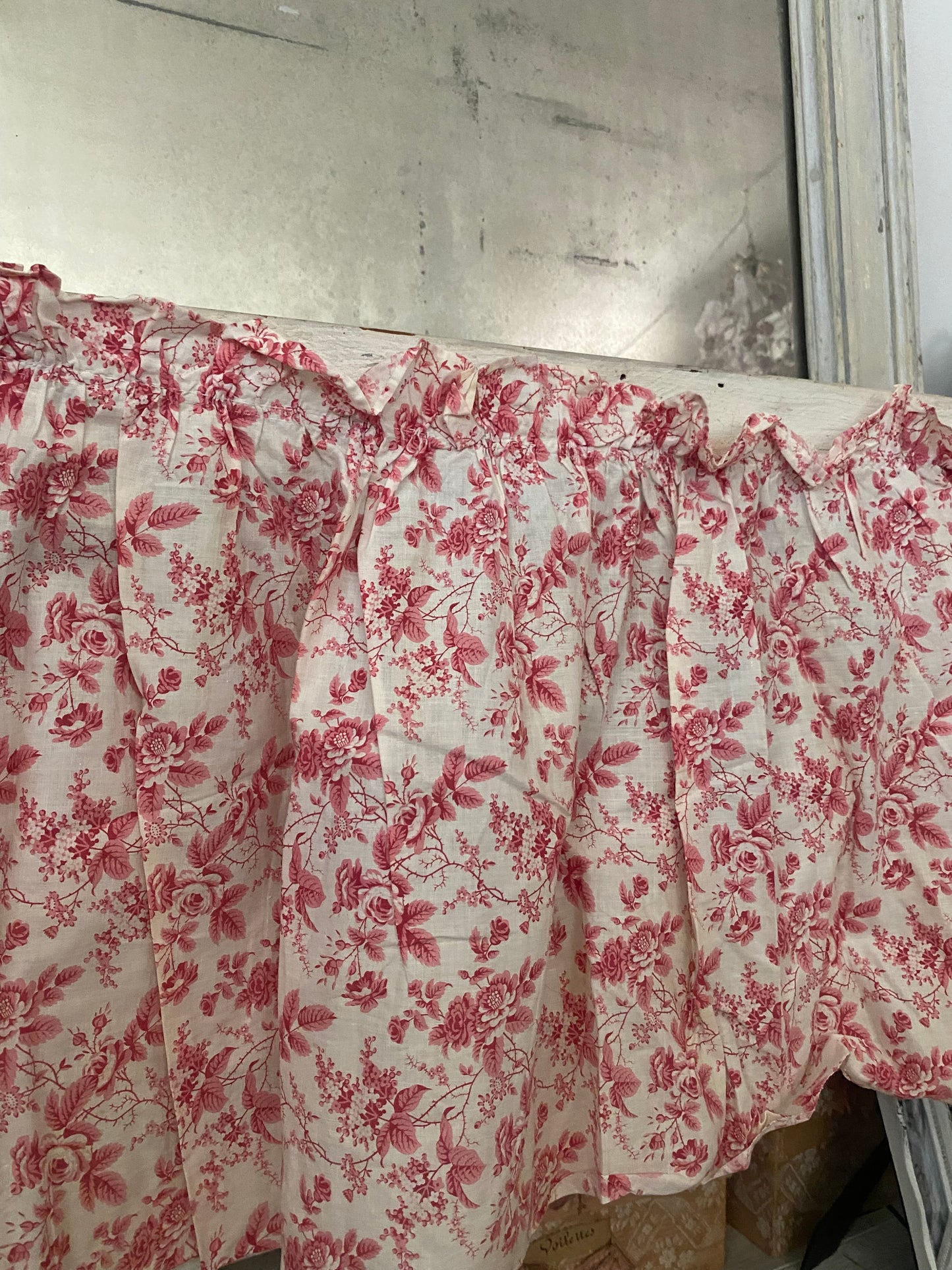 Antique French Fabric Valence Petite Curtain Red White Rose