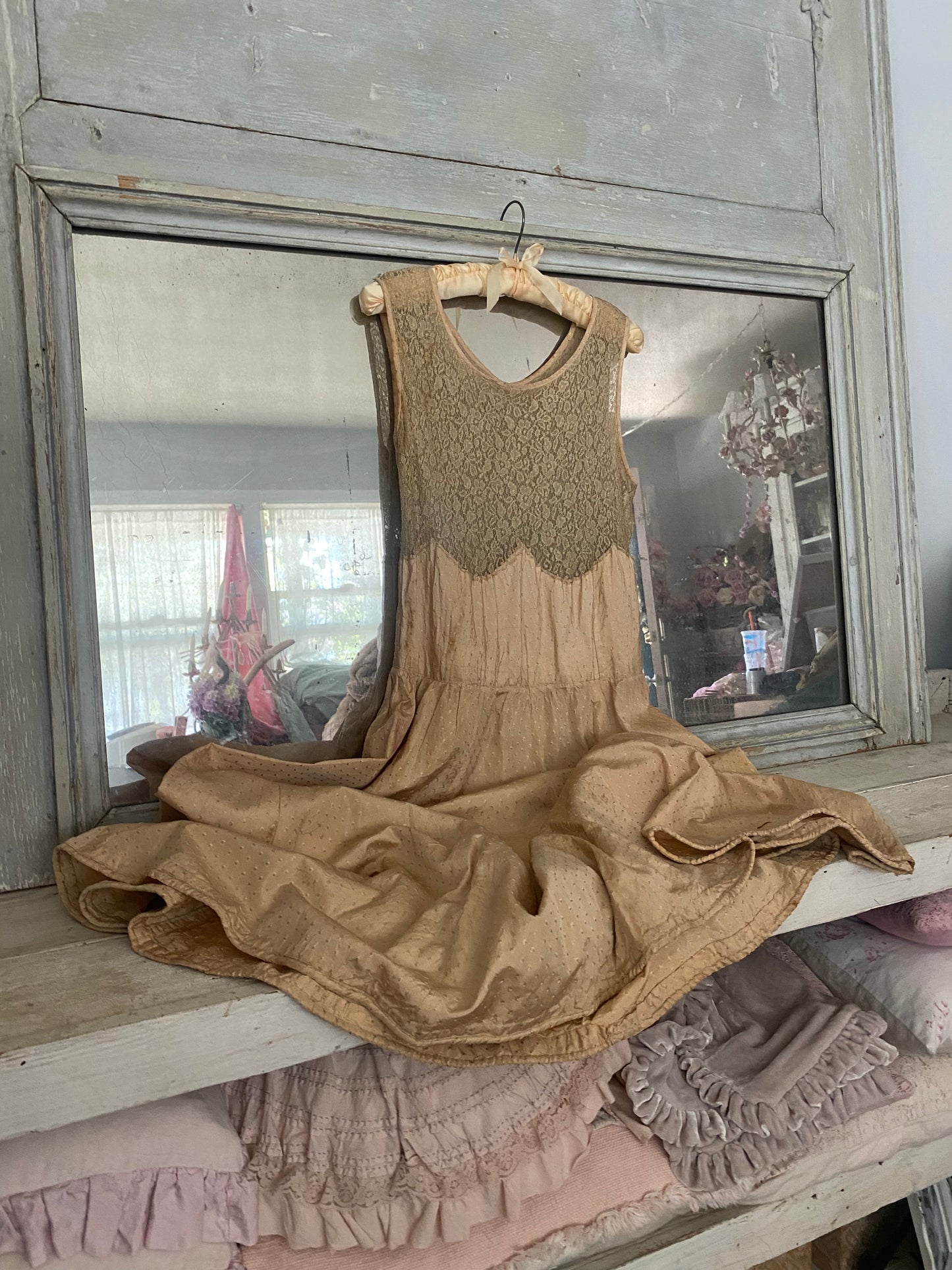 Antique Pink Peach Silk Lace Dress
