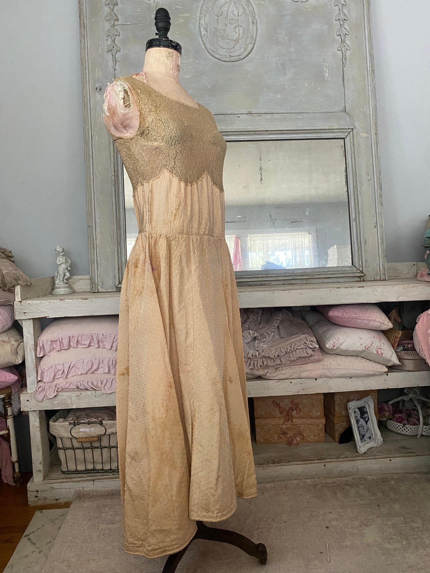 Antique Pink Peach Silk Lace Dress