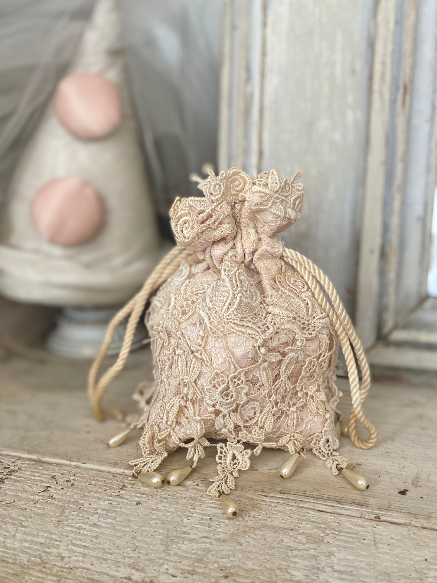 Vintage Pink Beaded Lace Boudoir Bag Pouch