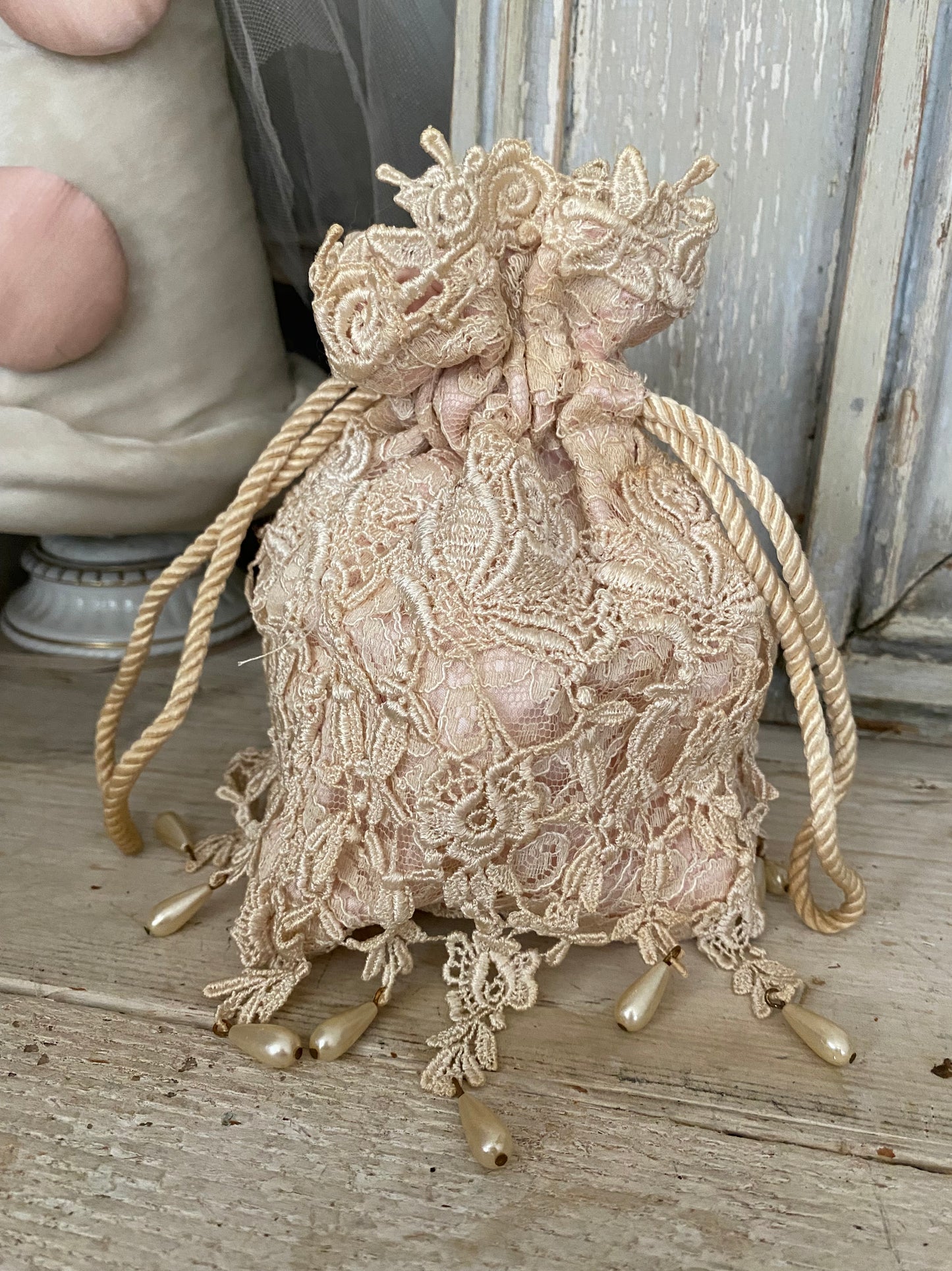 Vintage Pink Beaded Lace Boudoir Bag Pouch