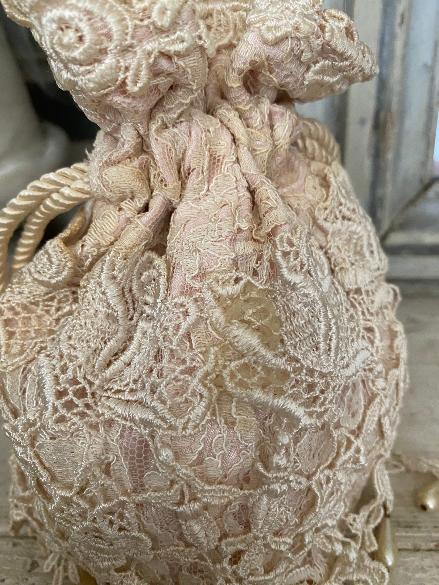 Vintage Pink Beaded Lace Boudoir Bag Pouch