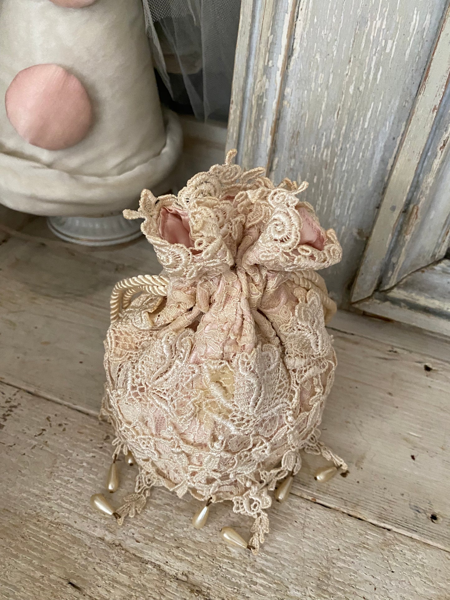 Vintage Pink Beaded Lace Boudoir Bag Pouch