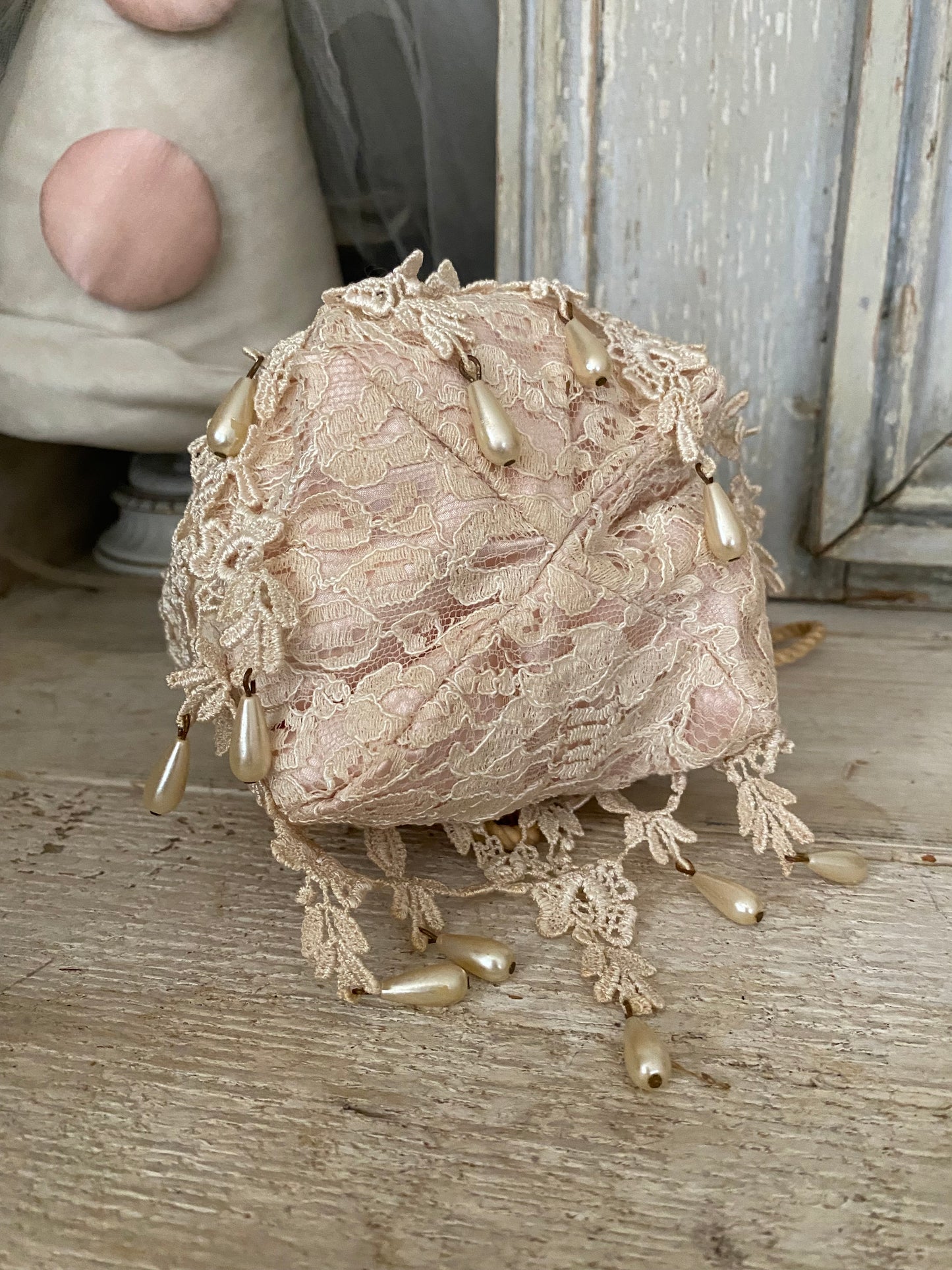 Vintage Pink Beaded Lace Boudoir Bag Pouch