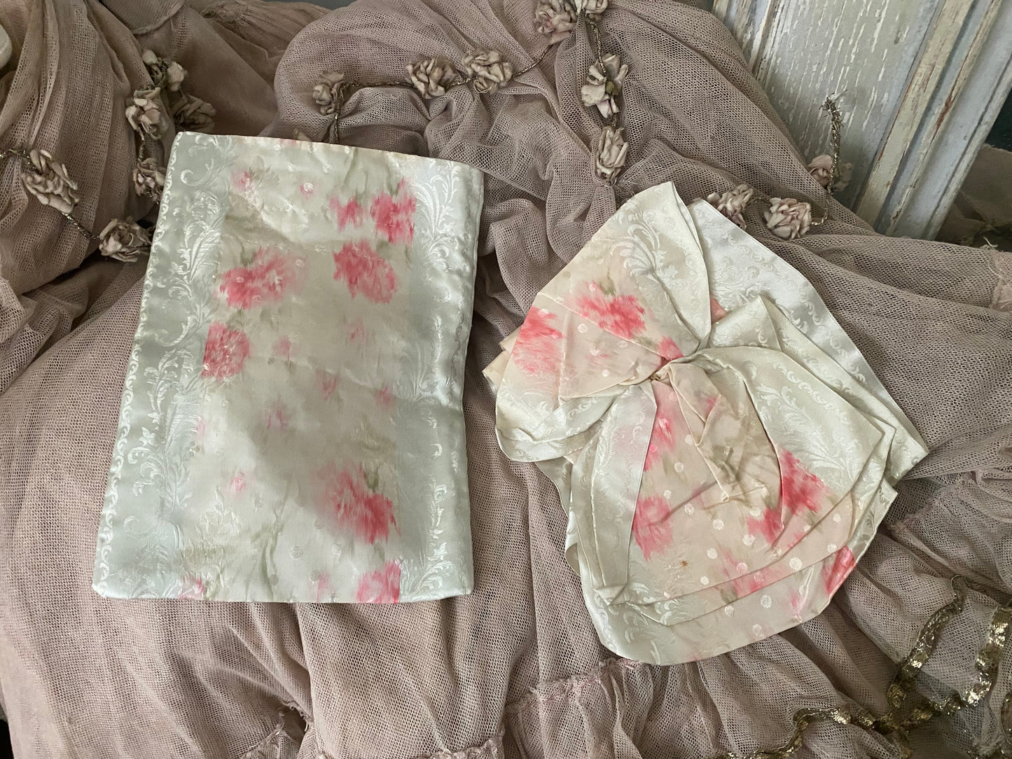 Antique Watered Silk Ribbon Sash Belt With Bow