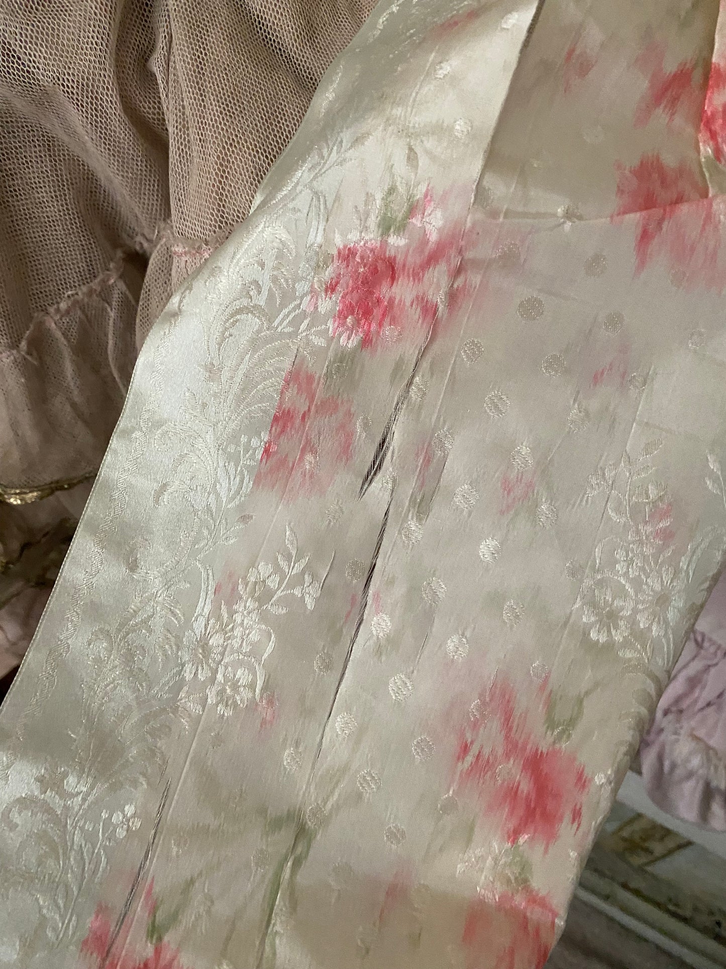 Antique Watered Silk Ribbon Sash Belt With Bow