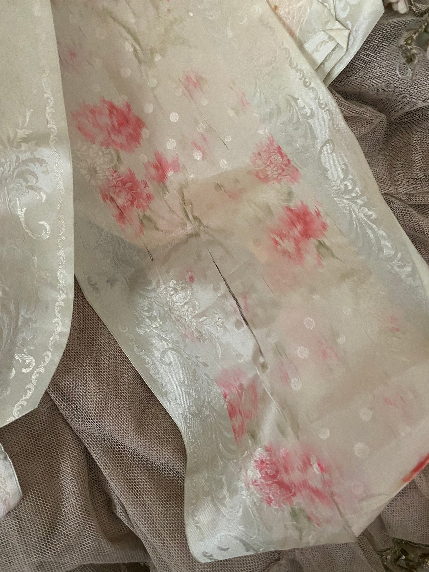 Antique Watered Silk Ribbon Sash Belt With Bow