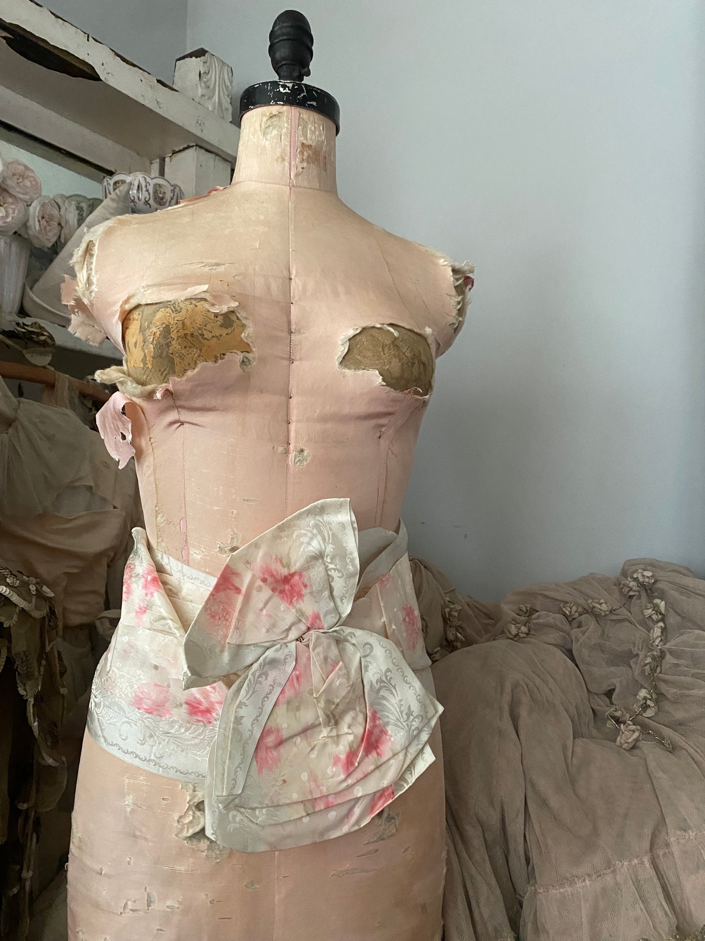 Antique Watered Silk Ribbon Sash Belt With Bow