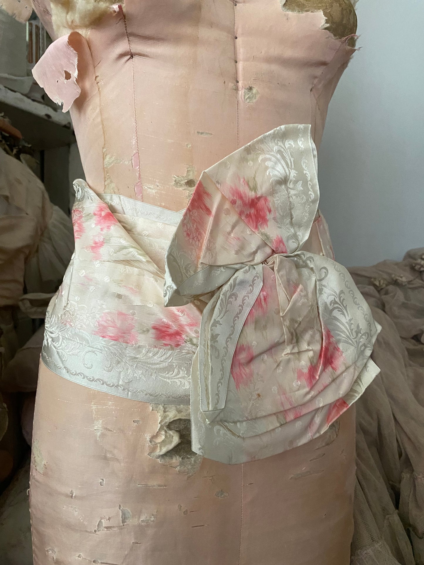 Antique Watered Silk Ribbon Sash Belt With Bow
