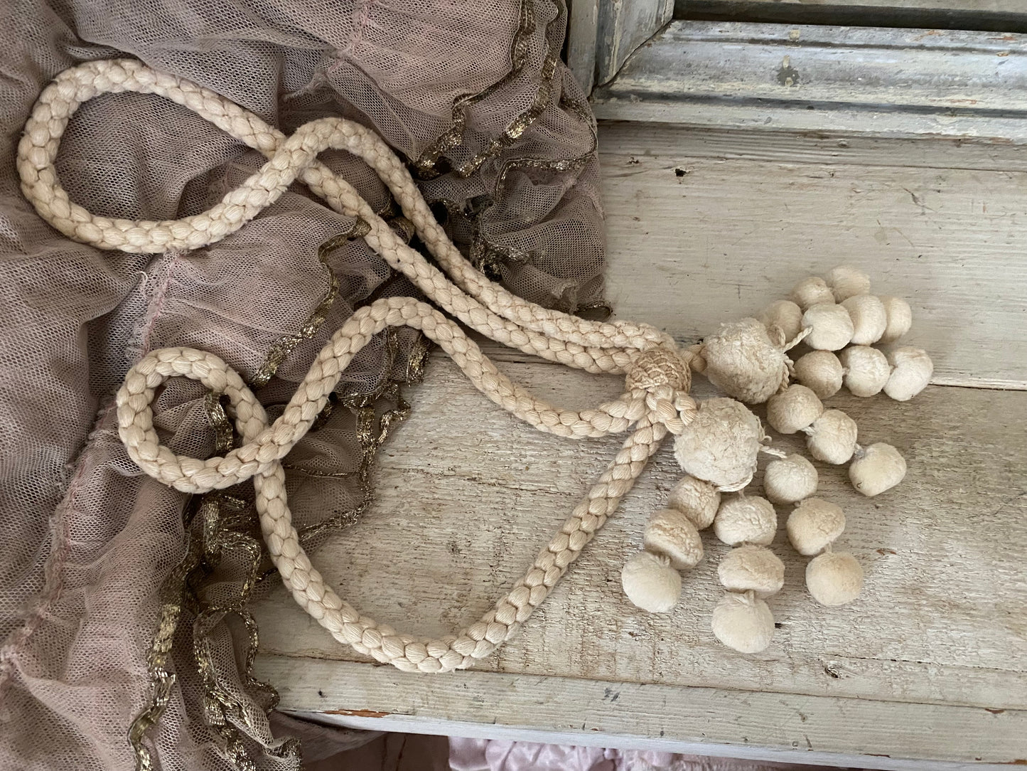 Antique French White Bobble Tassel Curtain Tie Back