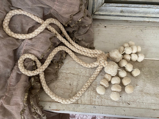 Antique French White Bobble Tassel Curtain Tie Back