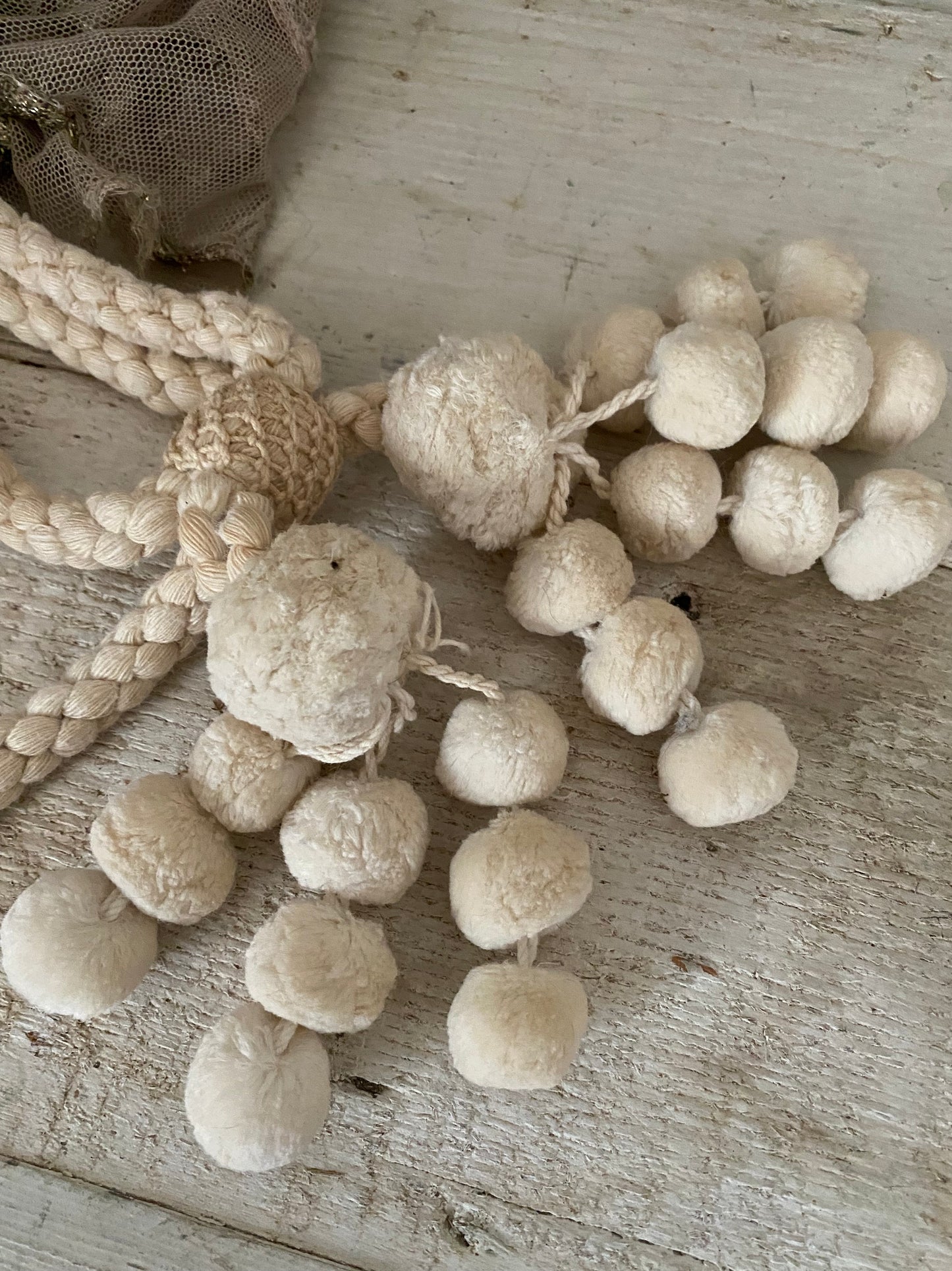 Antique French White Bobble Tassel Curtain Tie Back