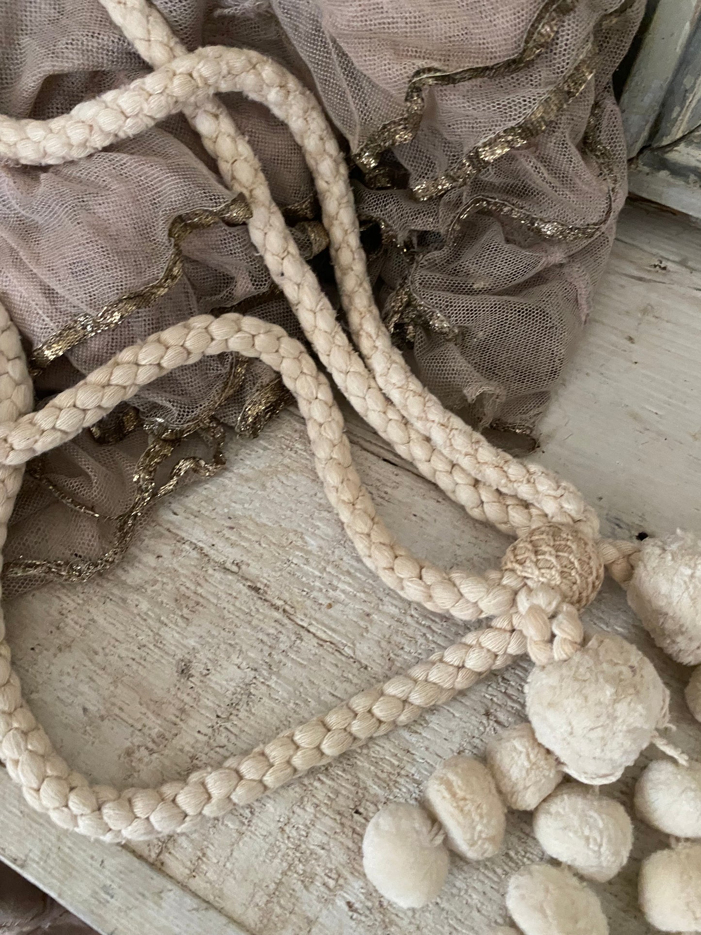 Antique French White Bobble Tassel Curtain Tie Back