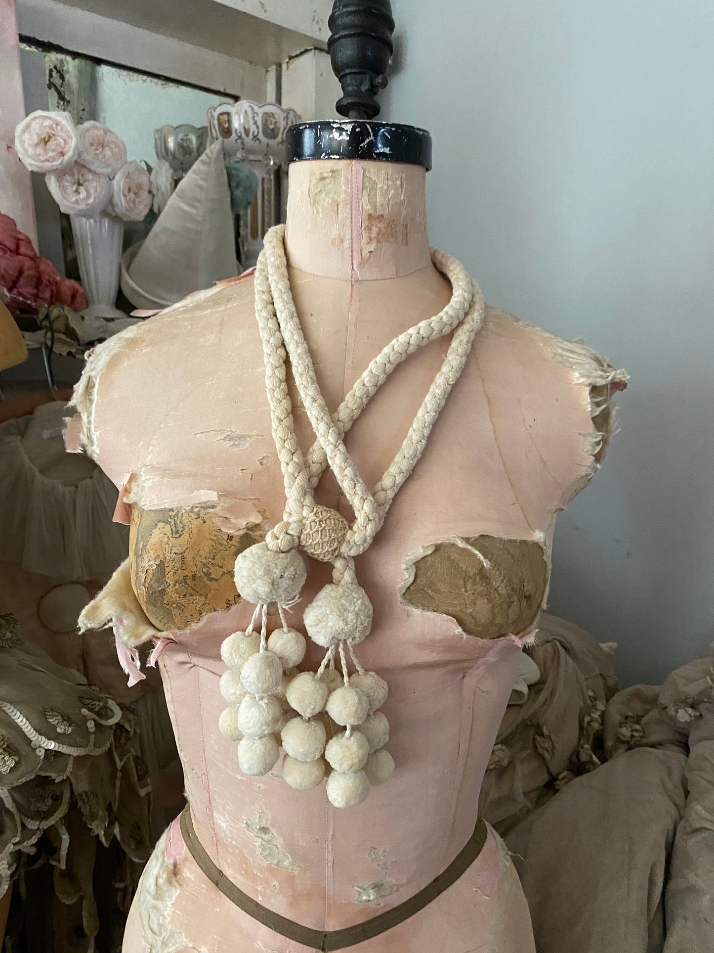 Antique French White Bobble Tassel Curtain Tie Back