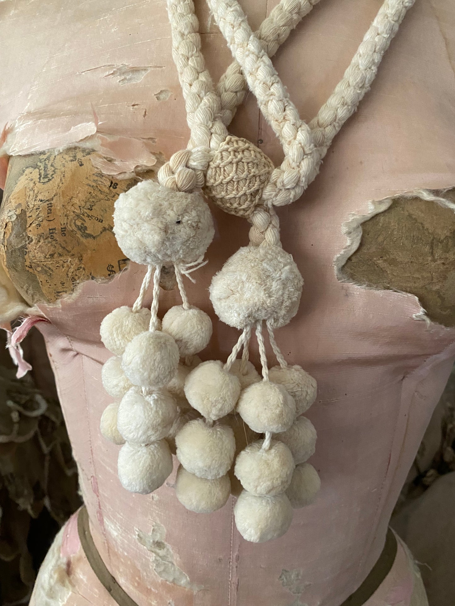 Antique French White Bobble Tassel Curtain Tie Back