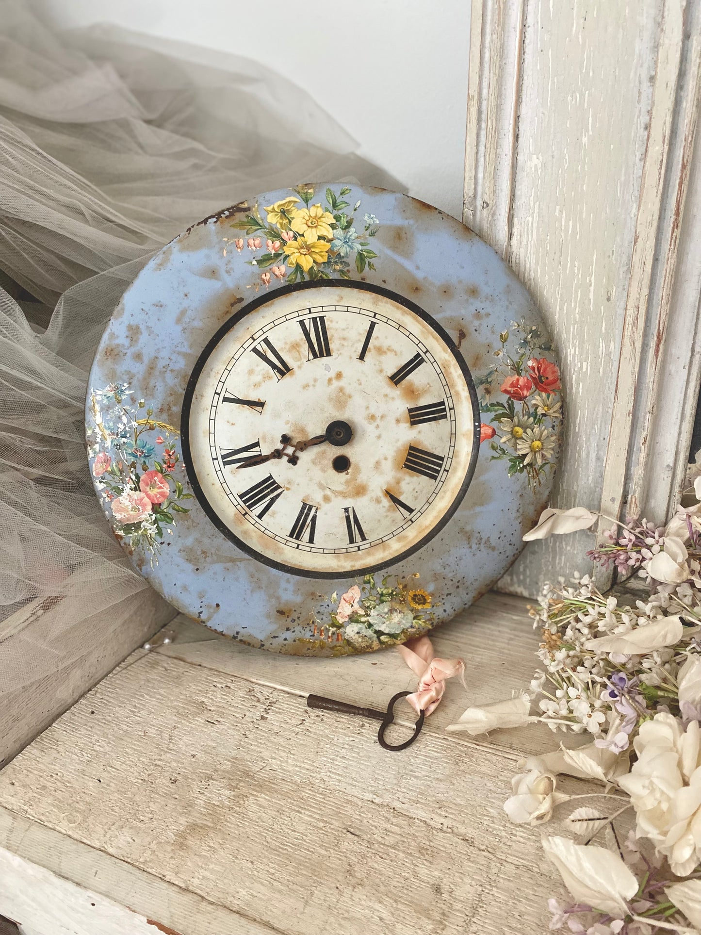 Antique Blue Tole Floral Clock