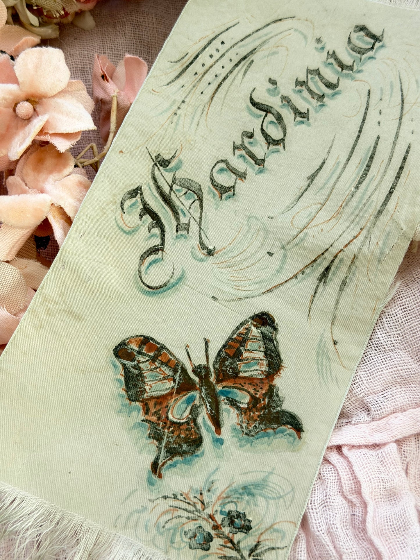Antique Hand Painted Silk Ribbon
