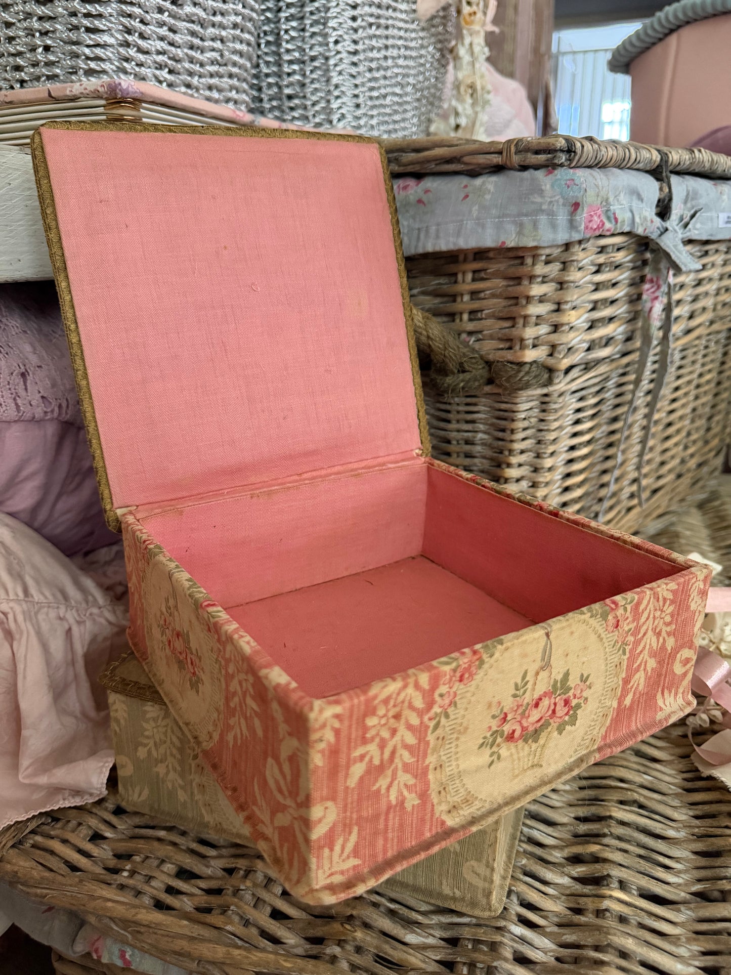 Antique French Floral Fabric Box