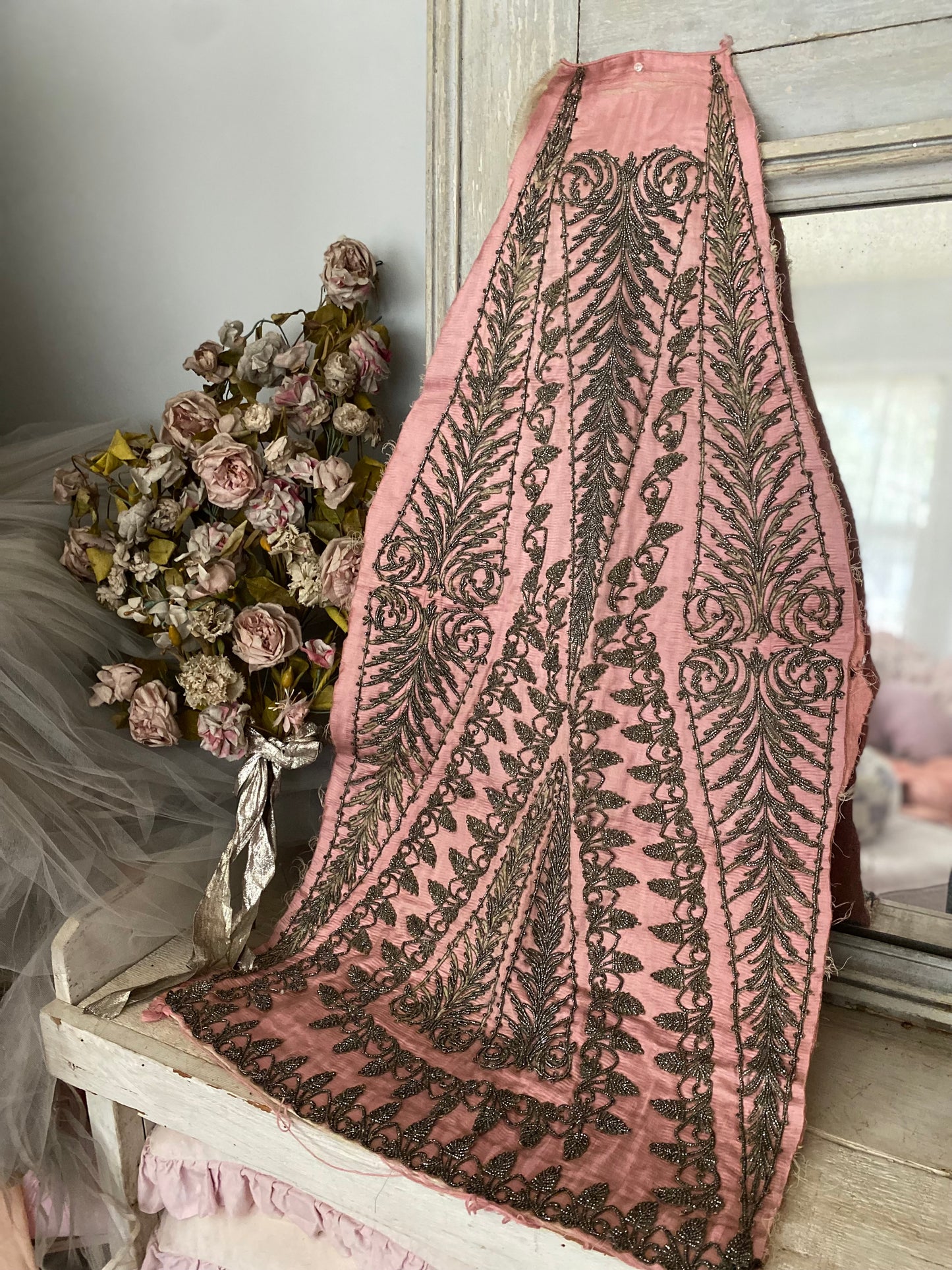 Antique c1870 Pink Silk Dress Panel Steel Cut Beadwork