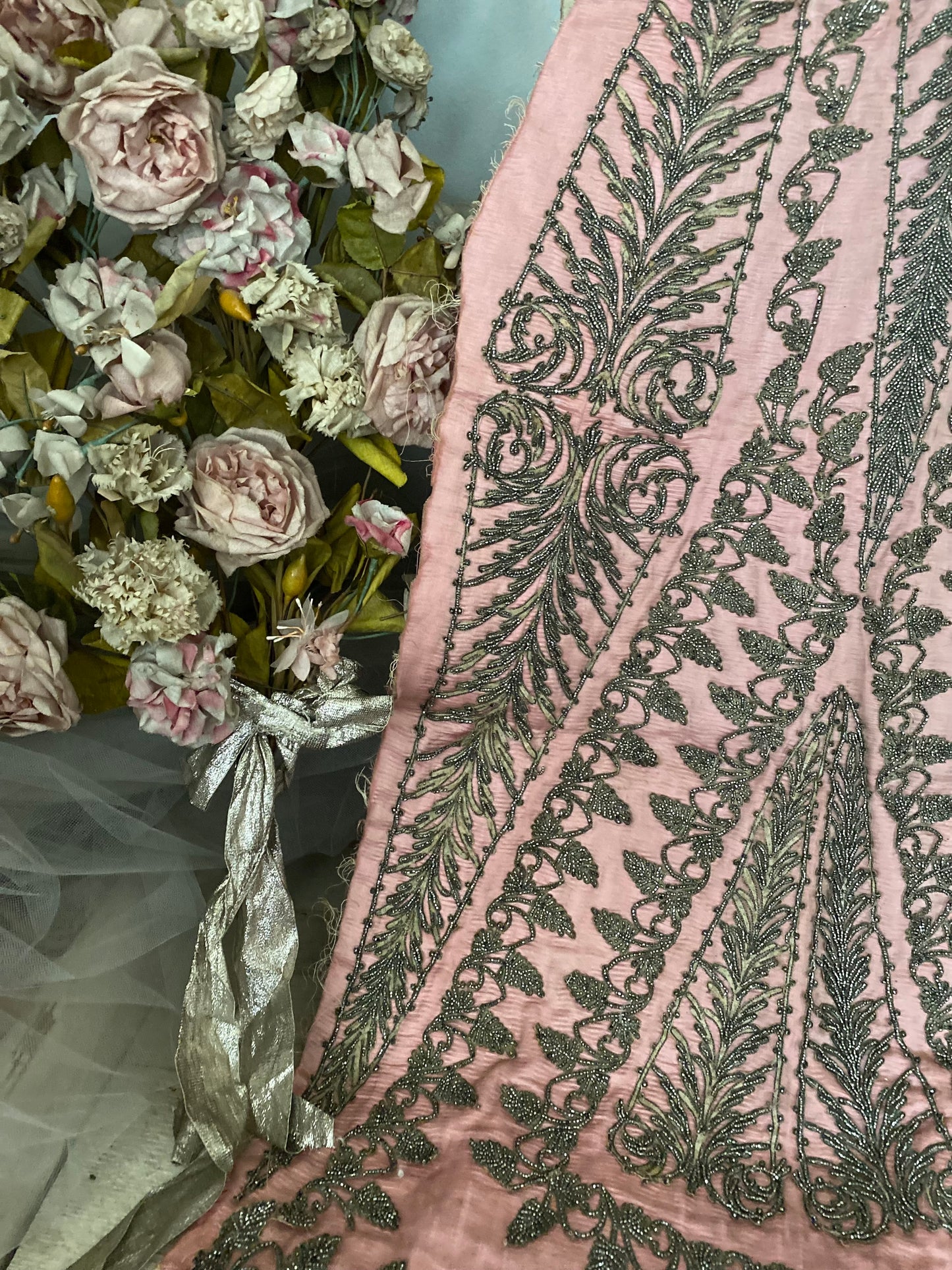 Antique c1870 Pink Silk Dress Panel Steel Cut Beadwork