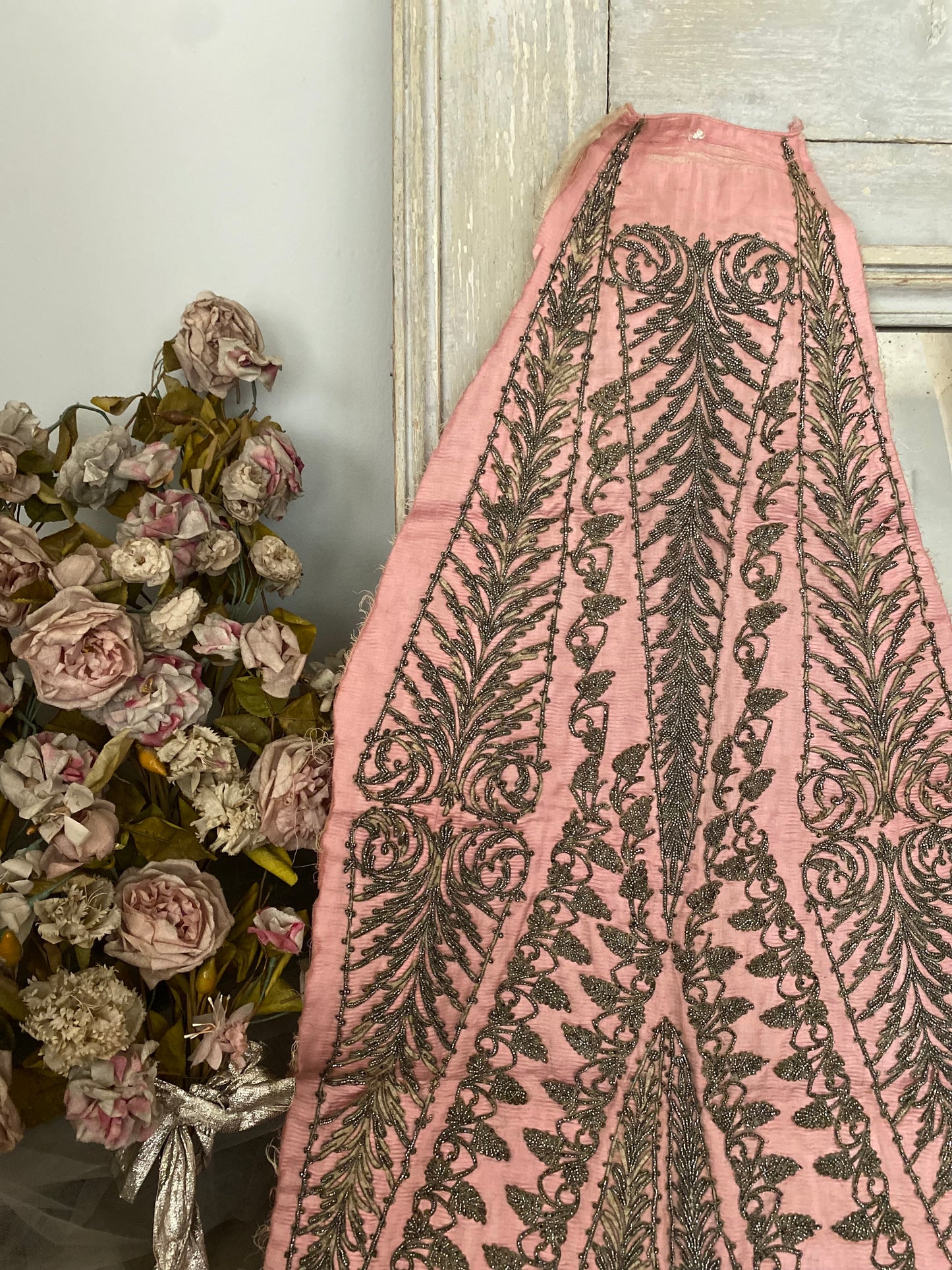 Antique c1870 Pink Silk Dress Panel Steel Cut Beadwork