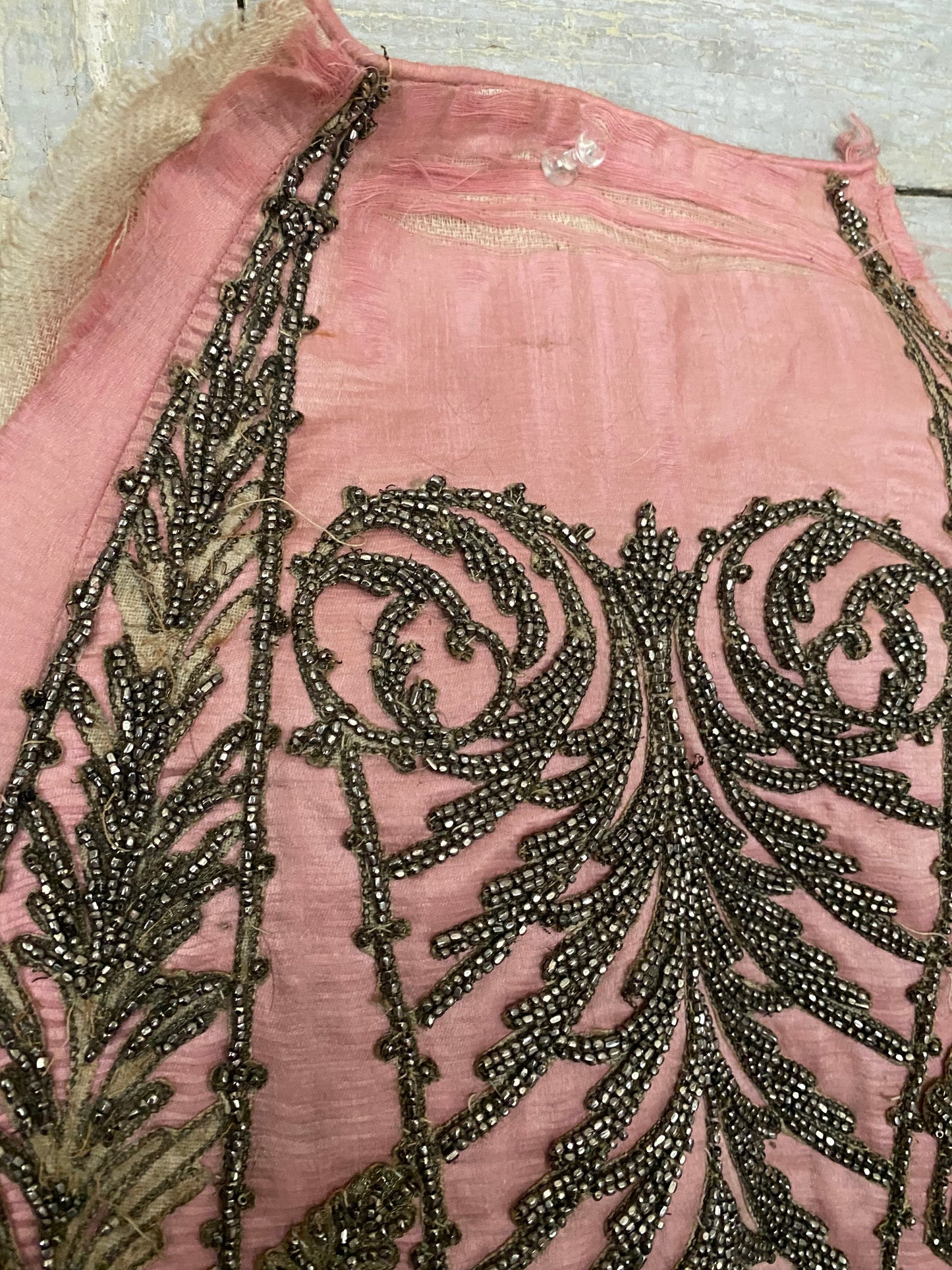 Antique c1870 Pink Silk Dress Panel Steel Cut Beadwork