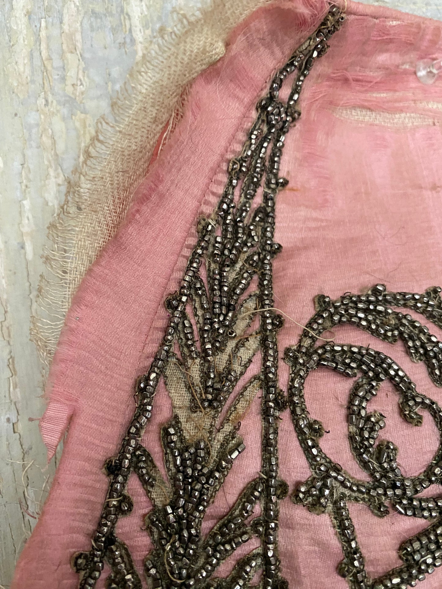 Antique c1870 Pink Silk Dress Panel Steel Cut Beadwork