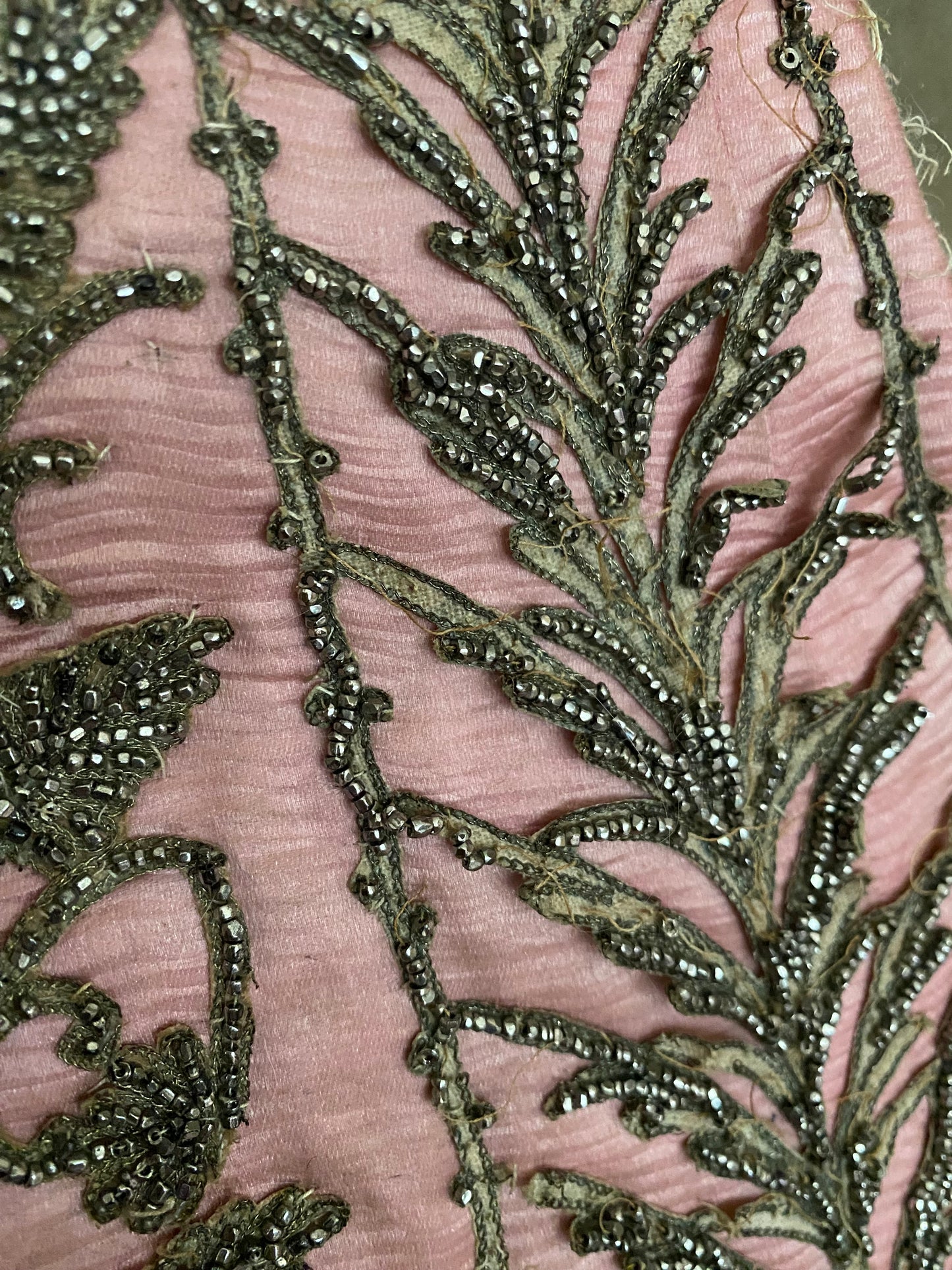 Antique c1870 Pink Silk Dress Panel Steel Cut Beadwork
