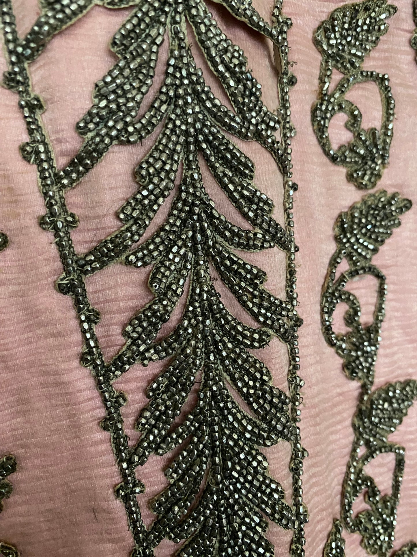 Antique c1870 Pink Silk Dress Panel Steel Cut Beadwork