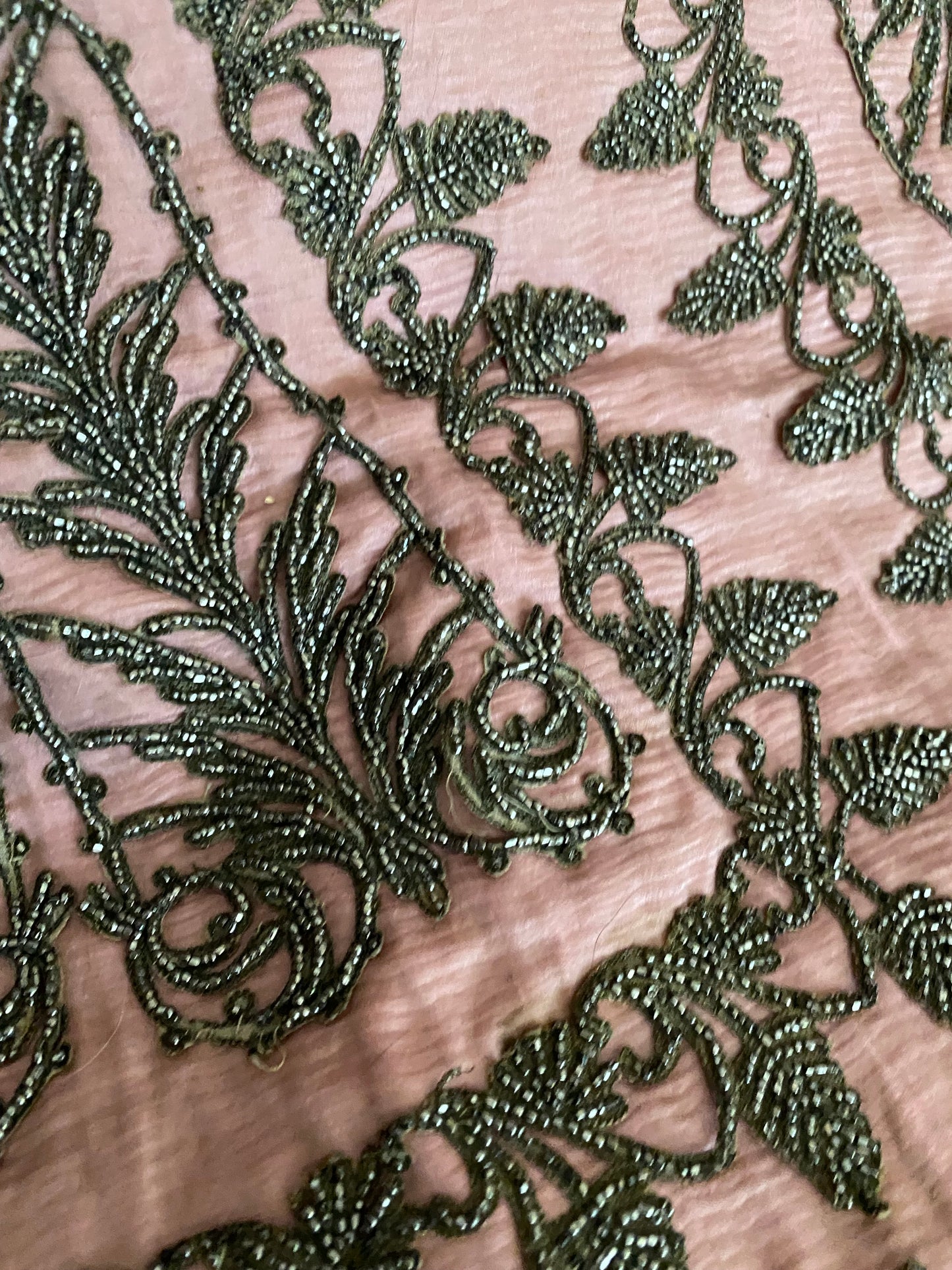 Antique c1870 Pink Silk Dress Panel Steel Cut Beadwork