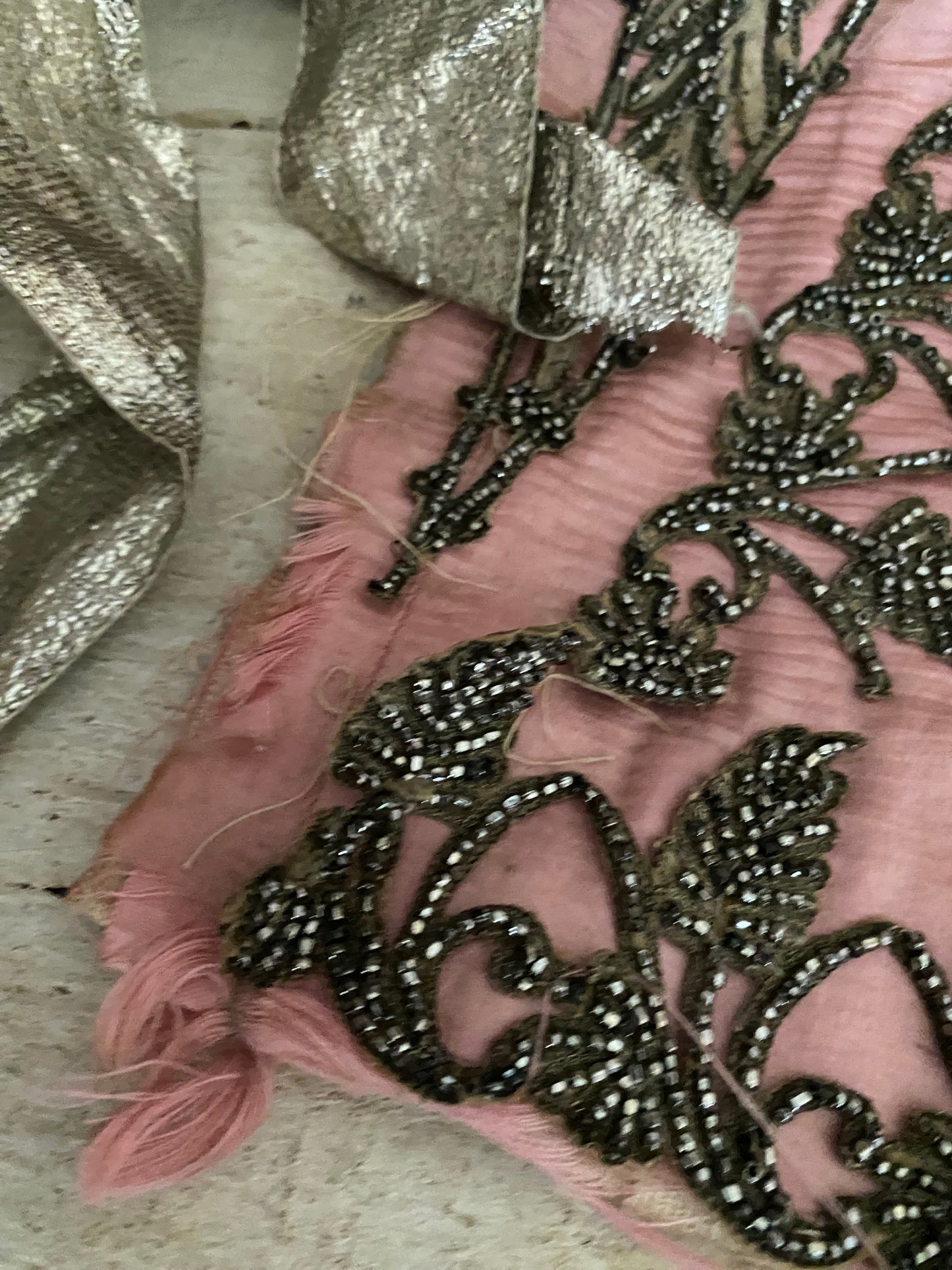 Antique c1870 Pink Silk Dress Panel Steel Cut Beadwork