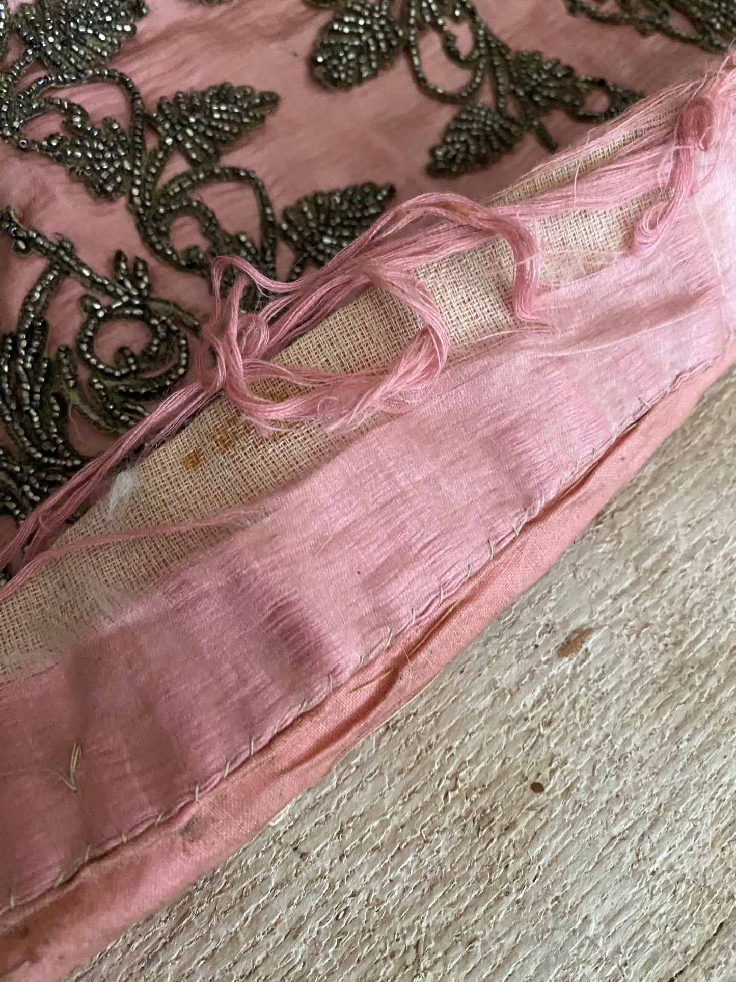 Antique c1870 Pink Silk Dress Panel Steel Cut Beadwork