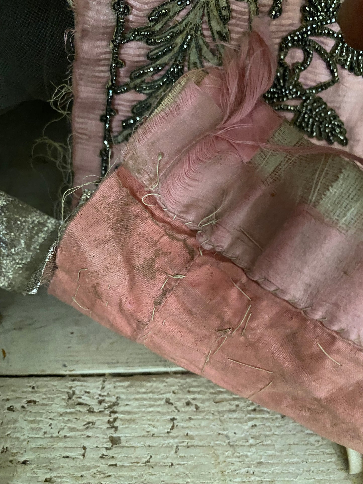 Antique c1870 Pink Silk Dress Panel Steel Cut Beadwork