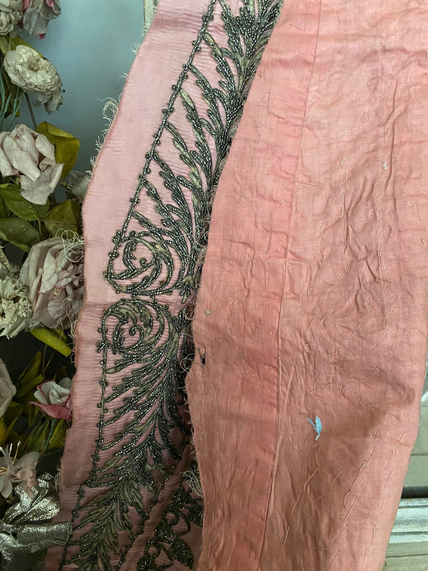 Antique c1870 Pink Silk Dress Panel Steel Cut Beadwork
