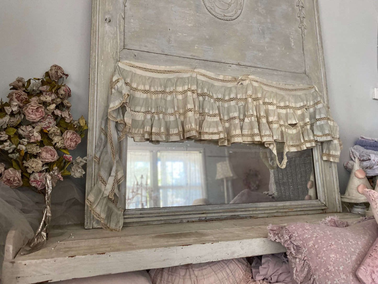 Antique Pale Blue Silk Lace Ruffled Pelmet