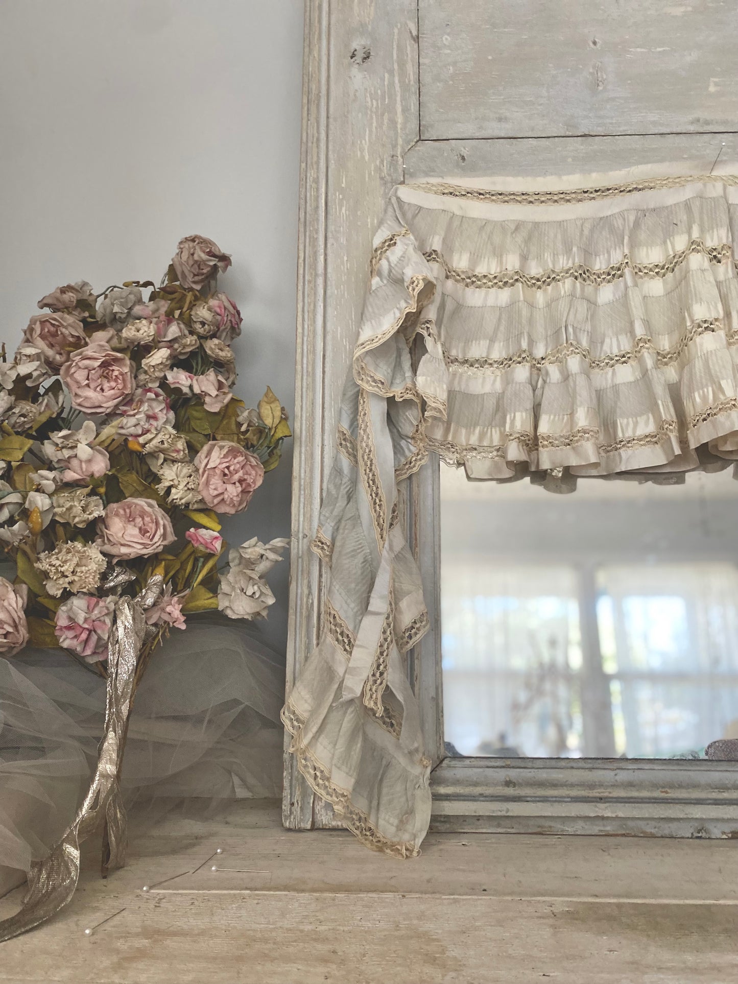 Antique Pale Blue Silk Lace Ruffled Pelmet