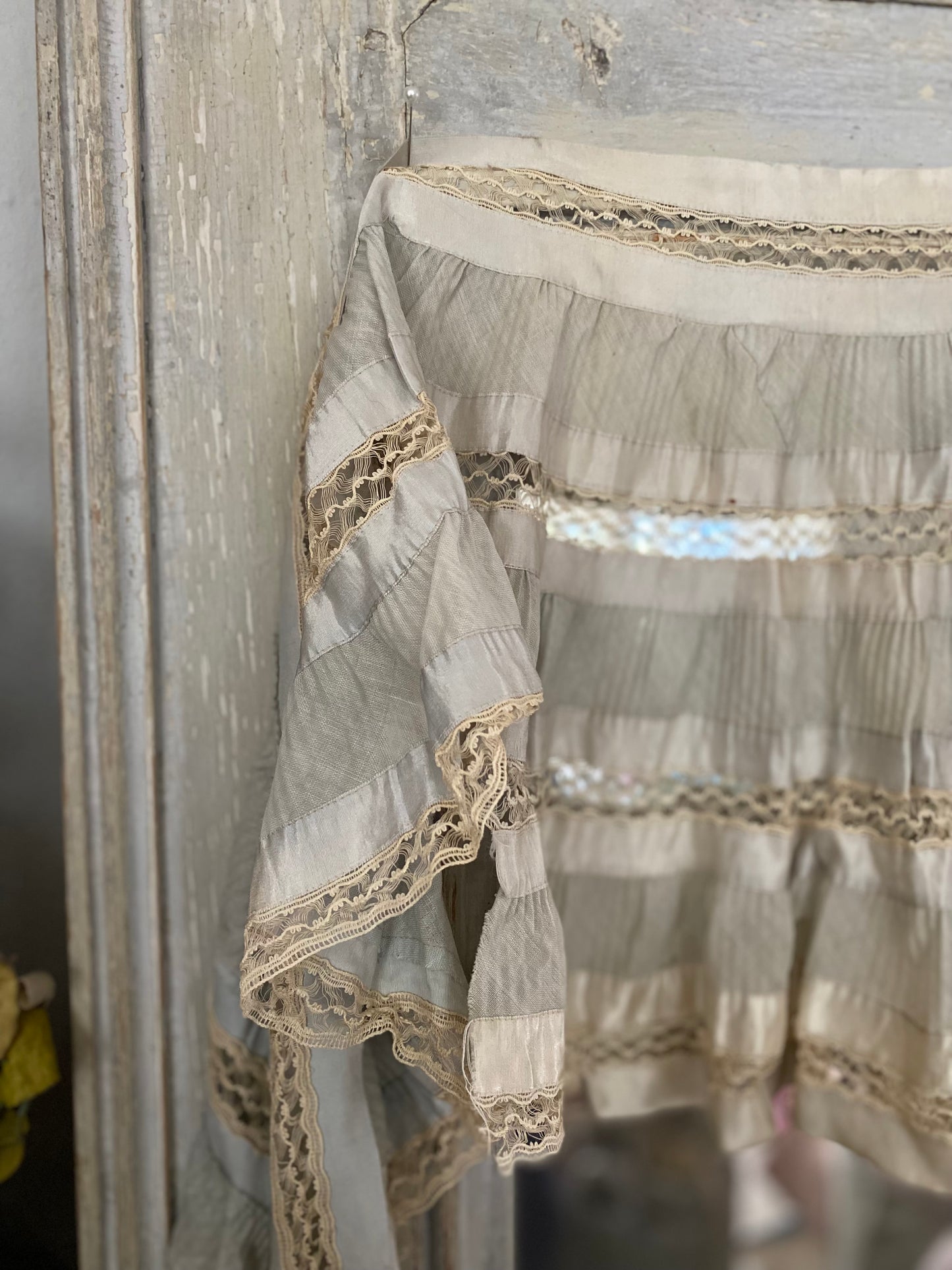 Antique Pale Blue Silk Lace Ruffled Pelmet