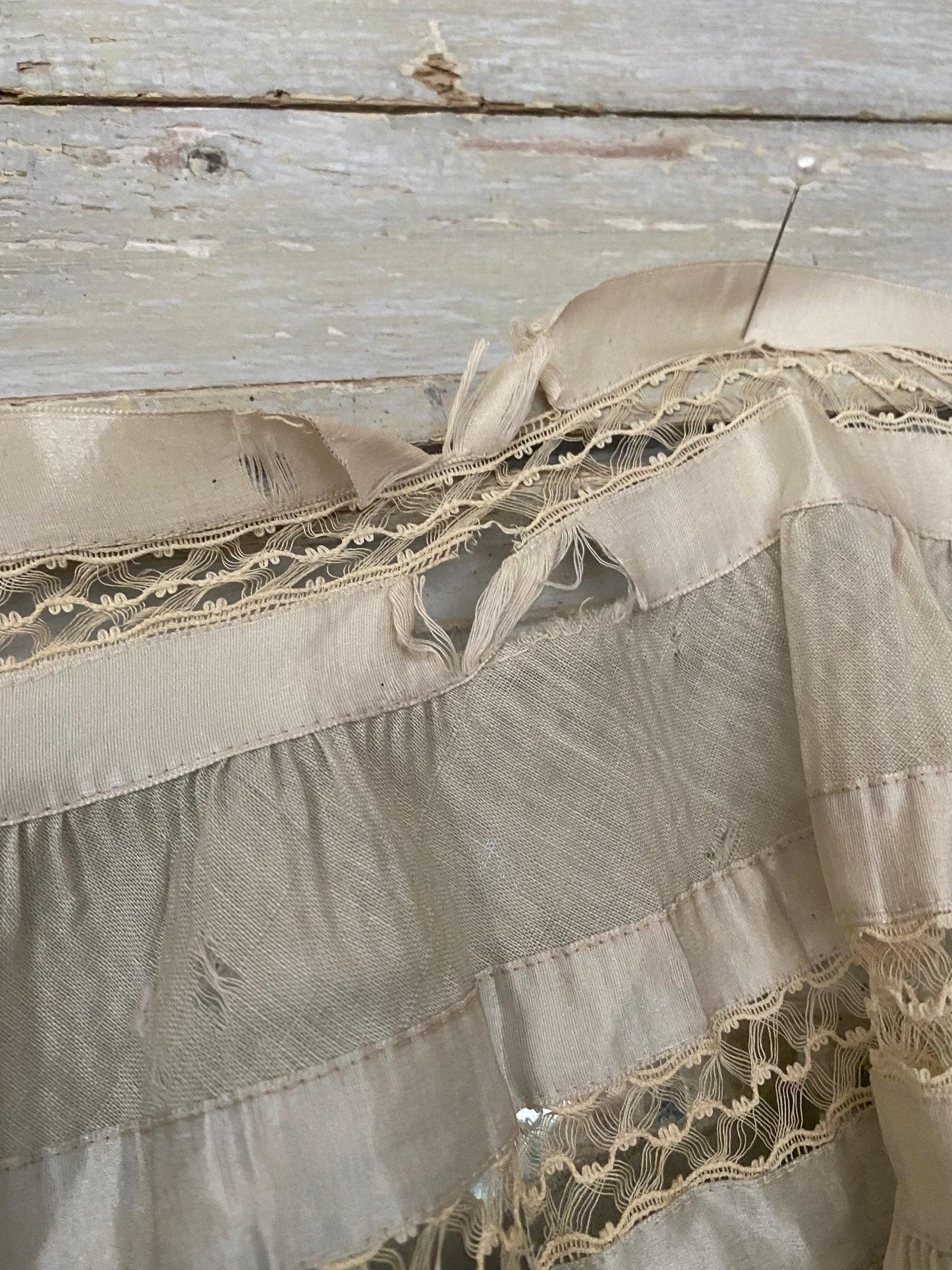 Antique Pale Blue Silk Lace Ruffled Pelmet