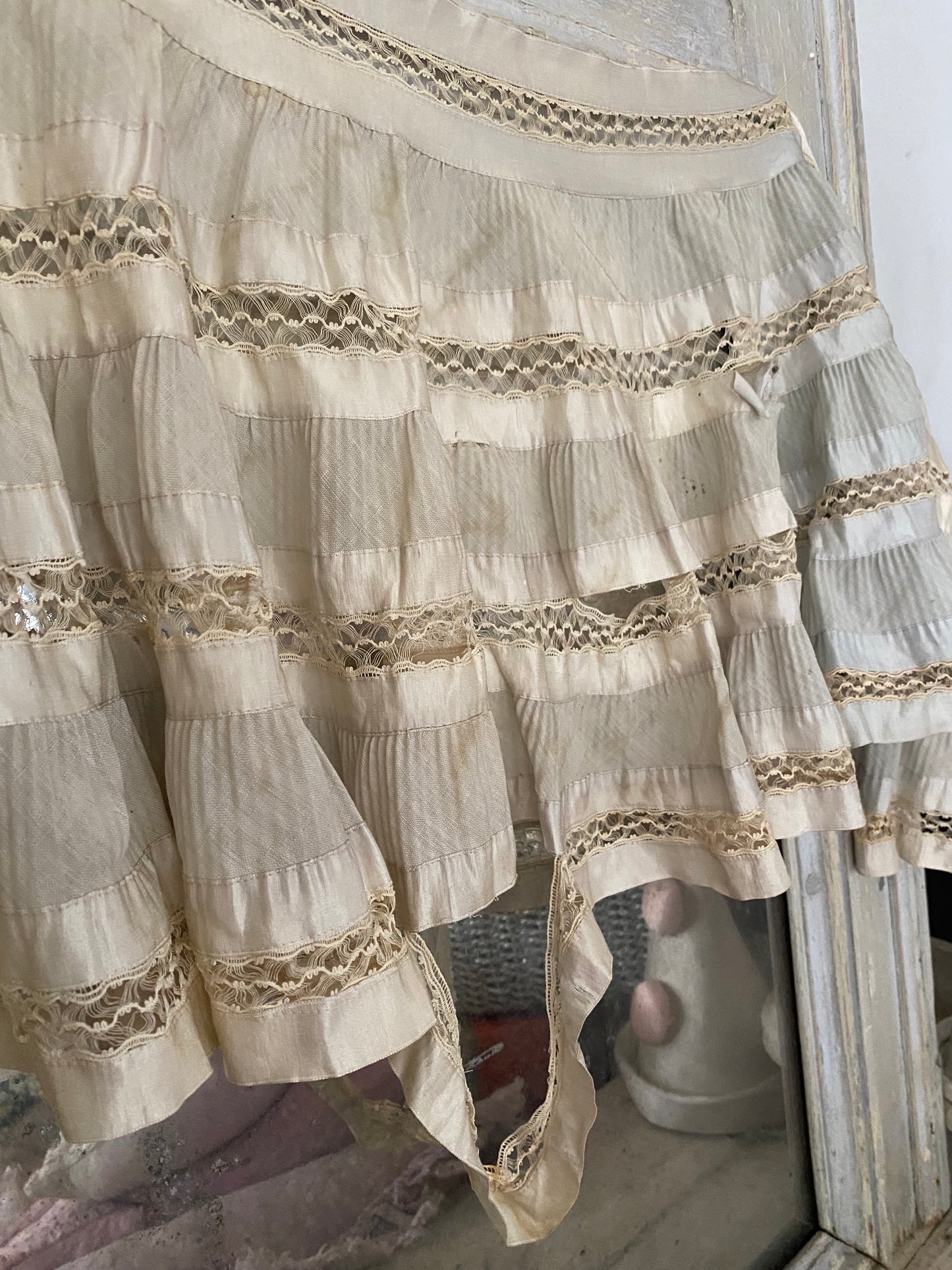 Antique Pale Blue Silk Lace Ruffled Pelmet