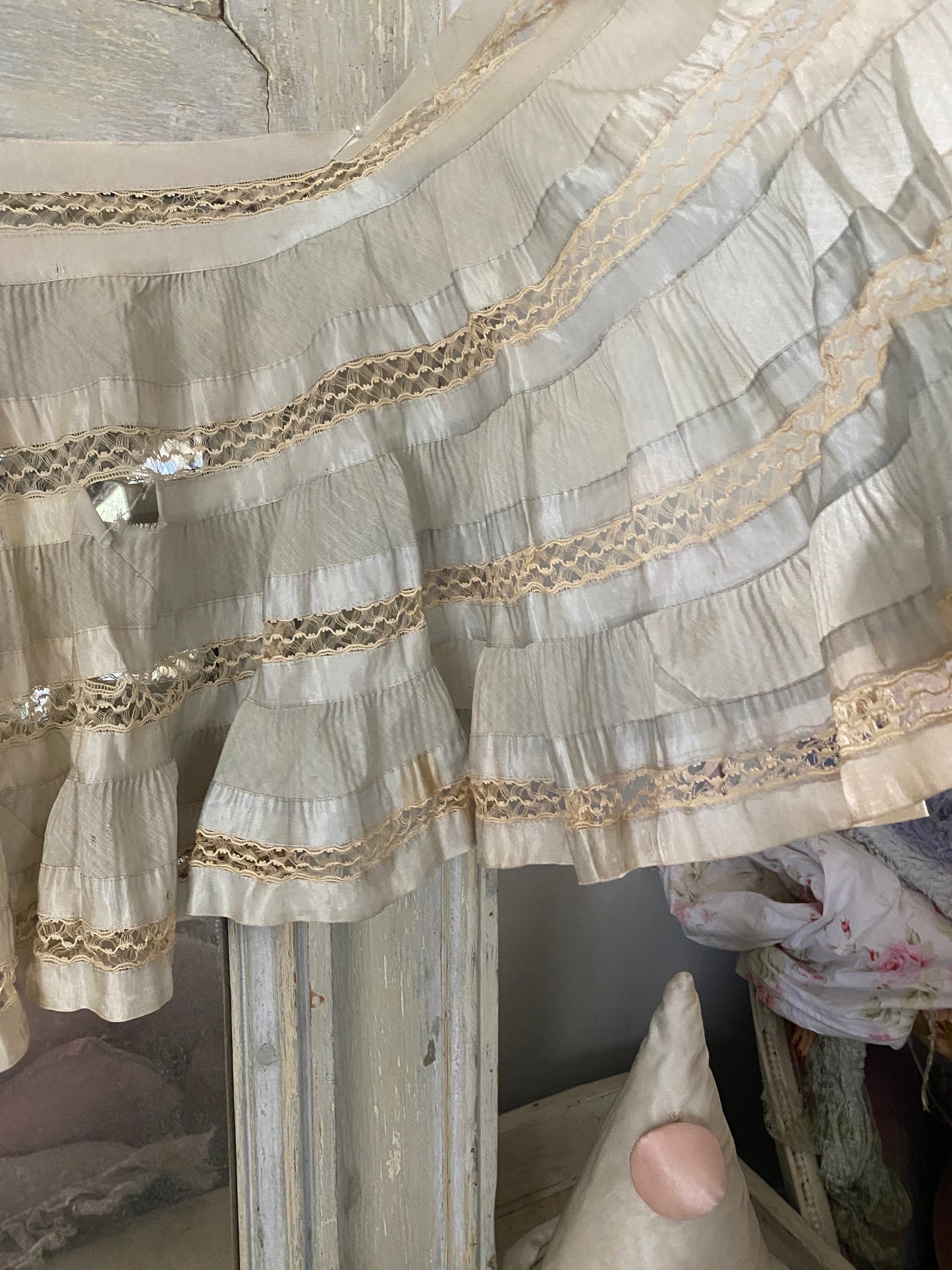 Antique Pale Blue Silk Lace Ruffled Pelmet