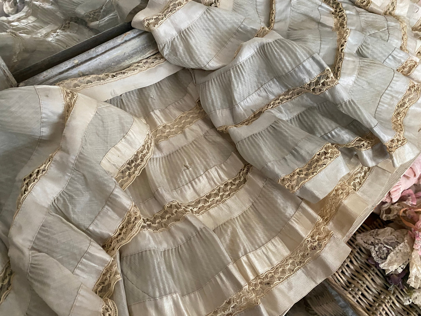 Antique Pale Blue Silk Lace Ruffled Pelmet