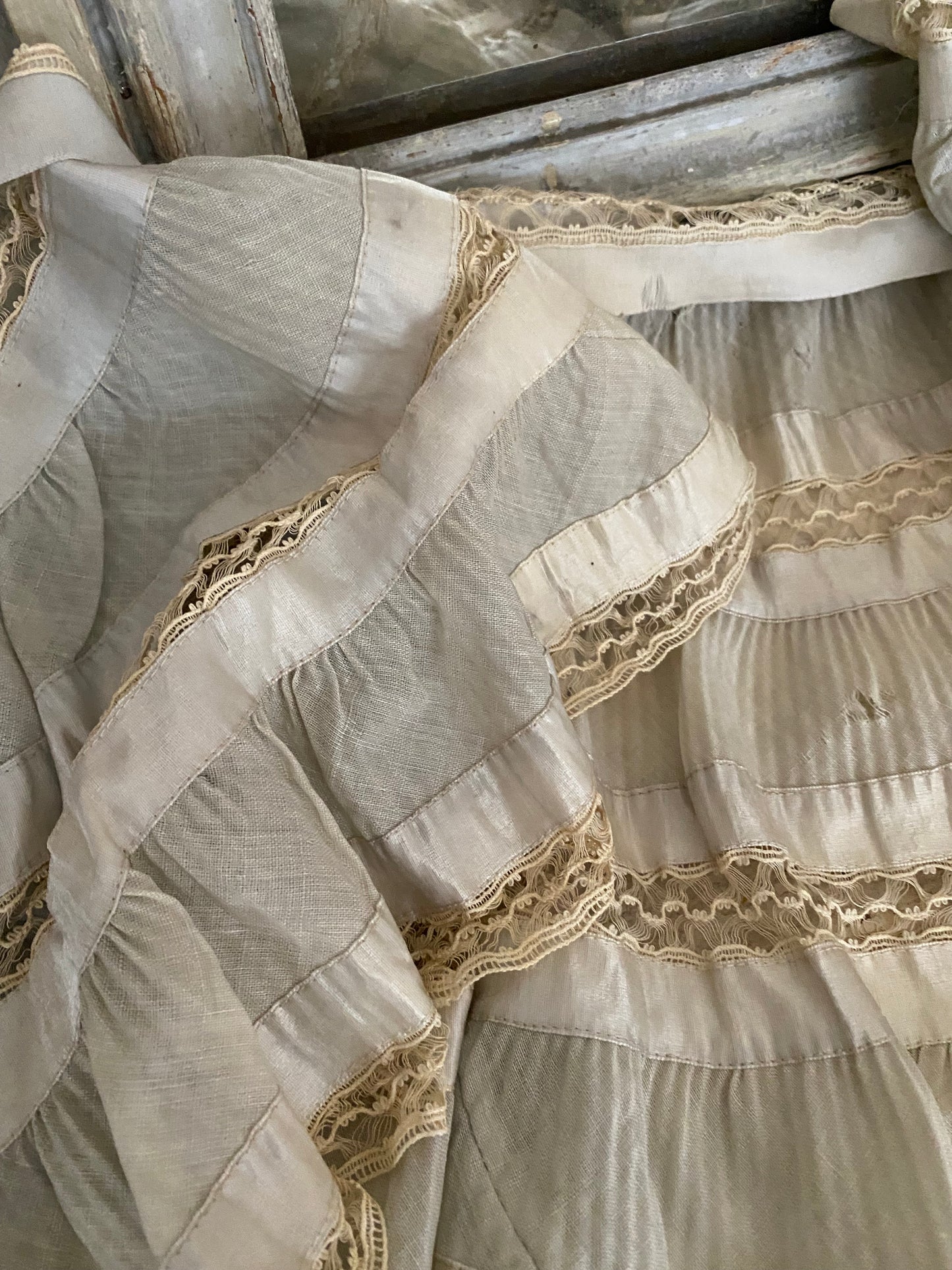 Antique Pale Blue Silk Lace Ruffled Pelmet