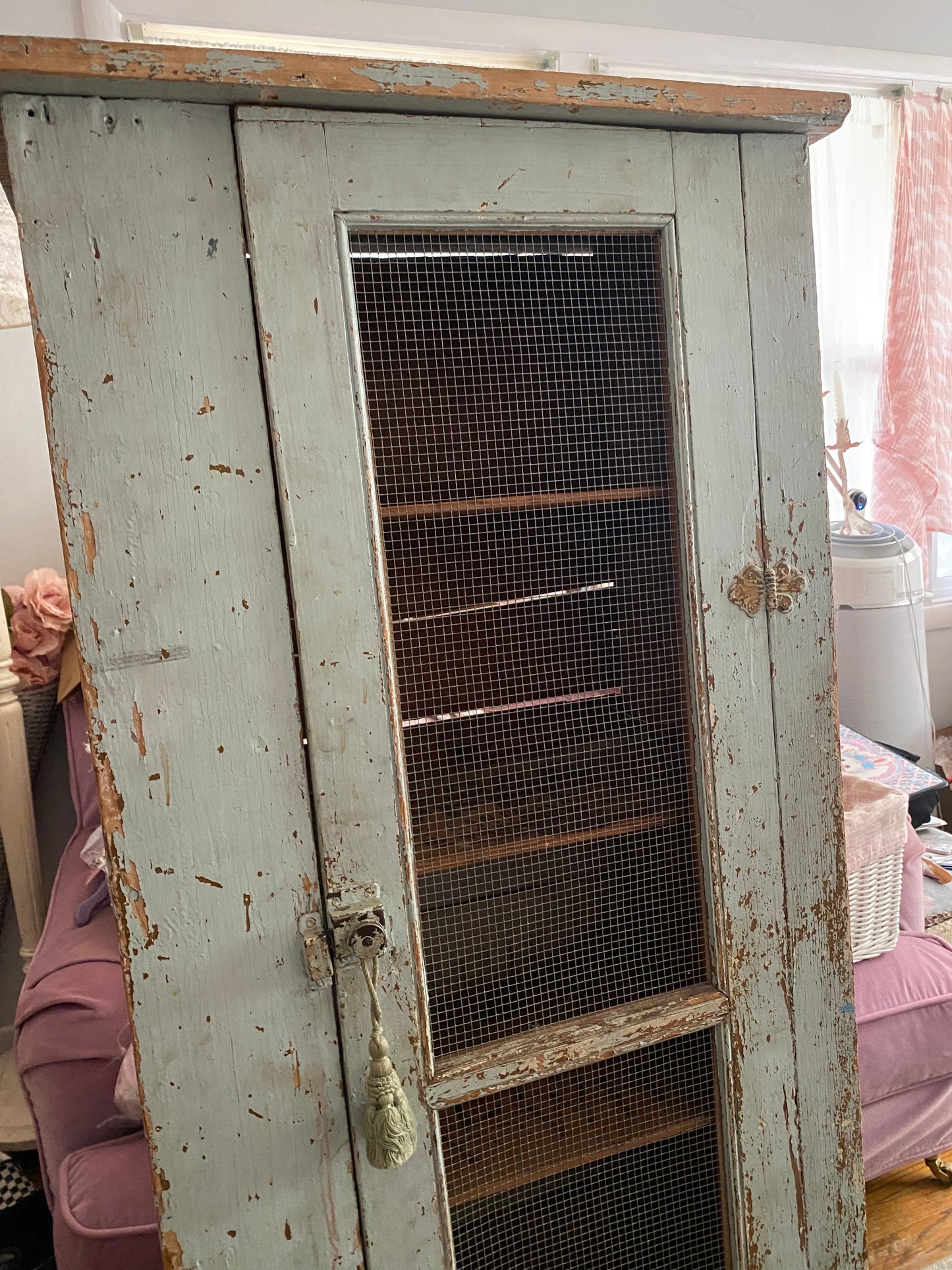 Antique Original Chippy Pale Blue Shabby Chic Cabinet Pie Safe