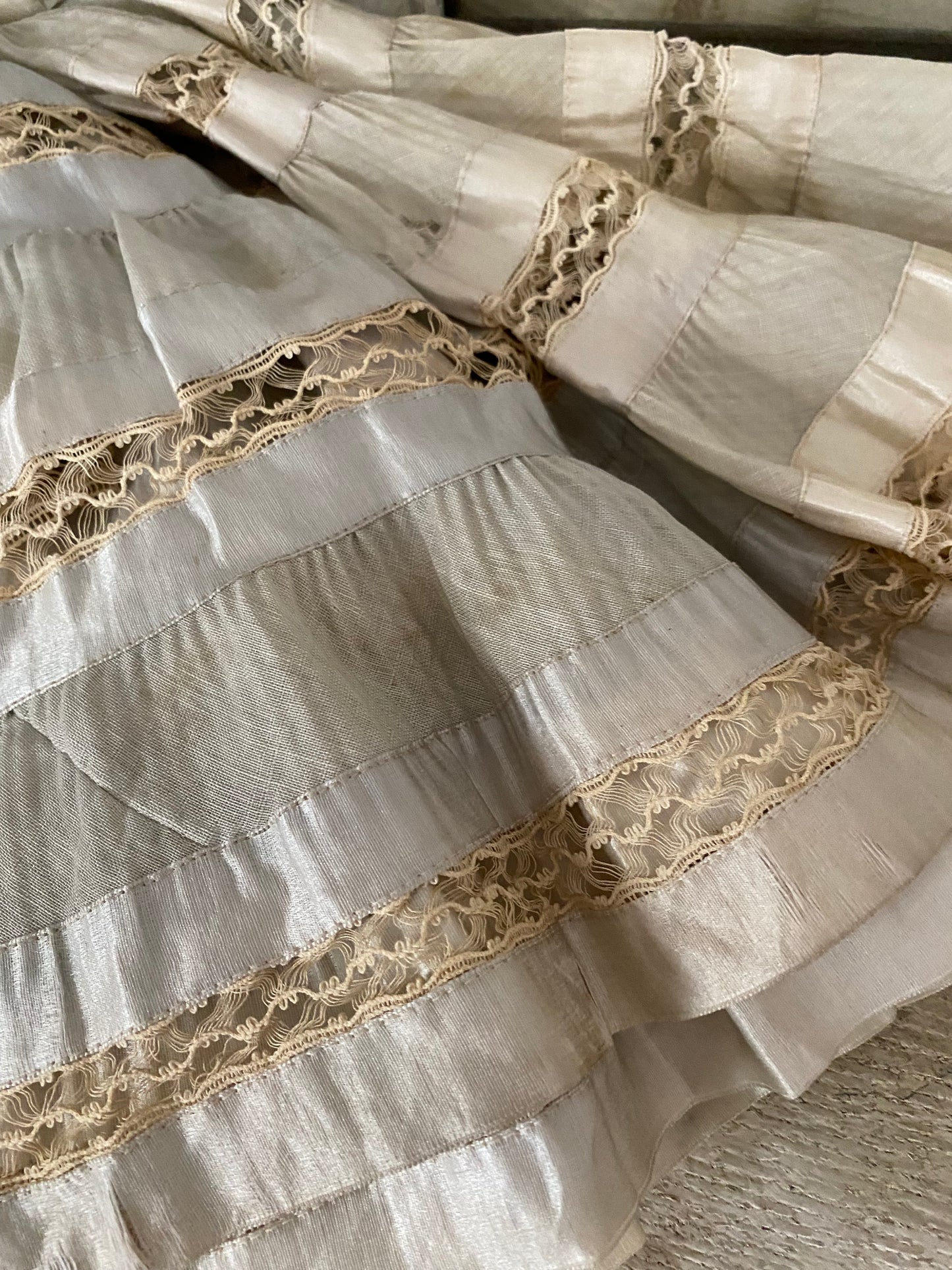 Antique Pale Blue Silk Lace Ruffled Pelmet