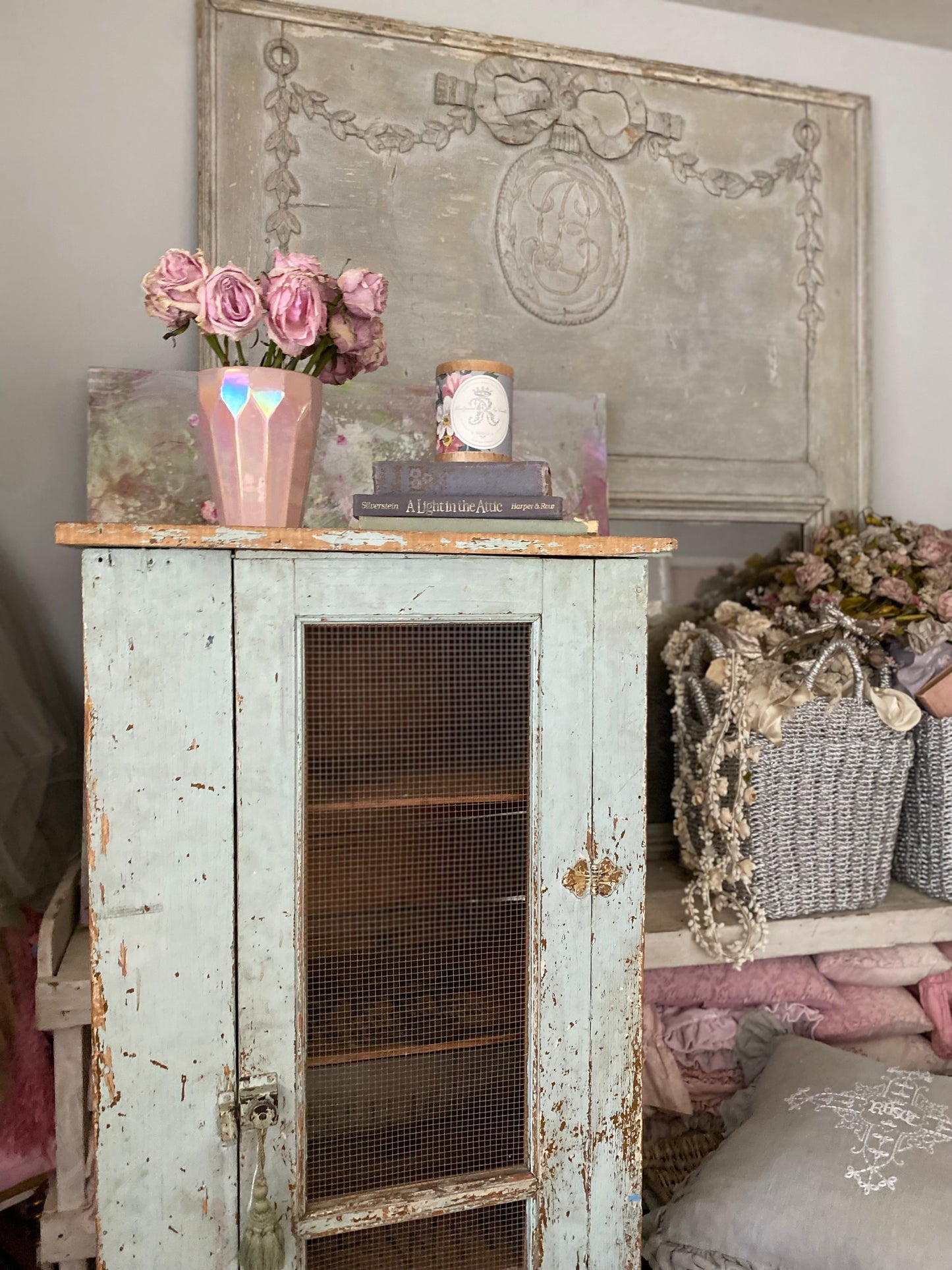 Antique Original Chippy Pale Blue Shabby Chic Cabinet Pie Safe