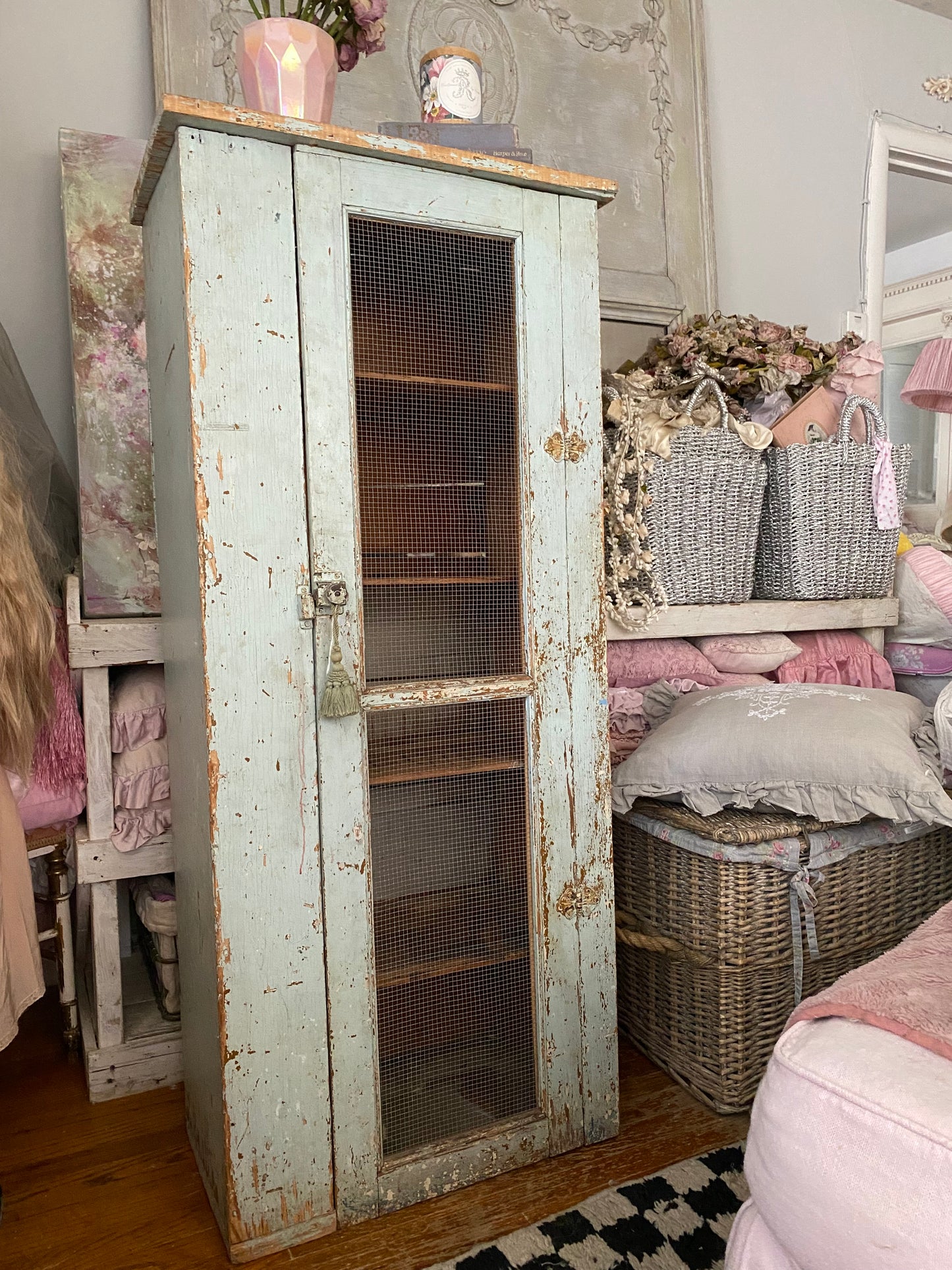 Antique Original Chippy Pale Blue Shabby Chic Cabinet Pie Safe